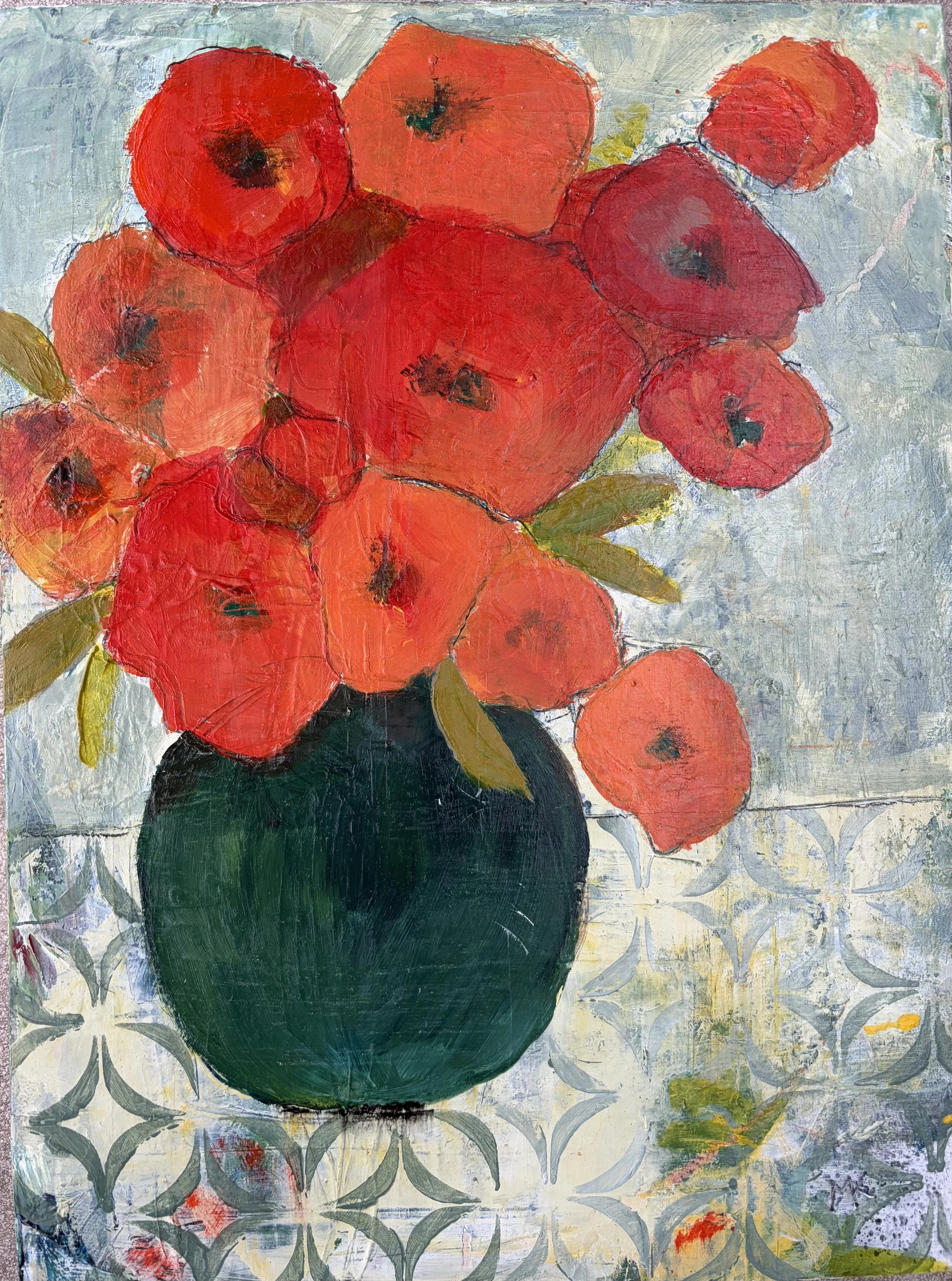 Poppies in Green Vase