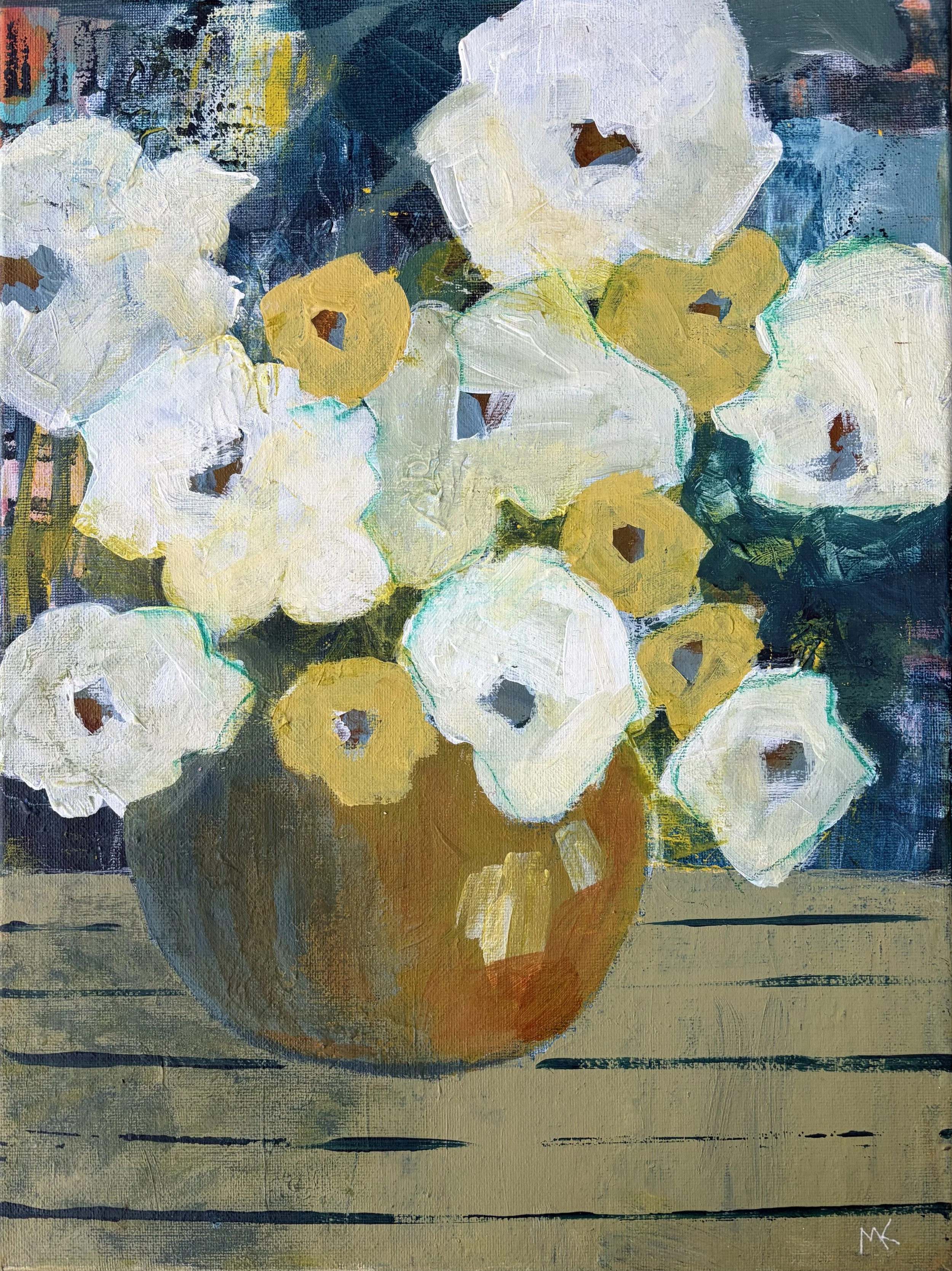 White Flowers Ochre Pot