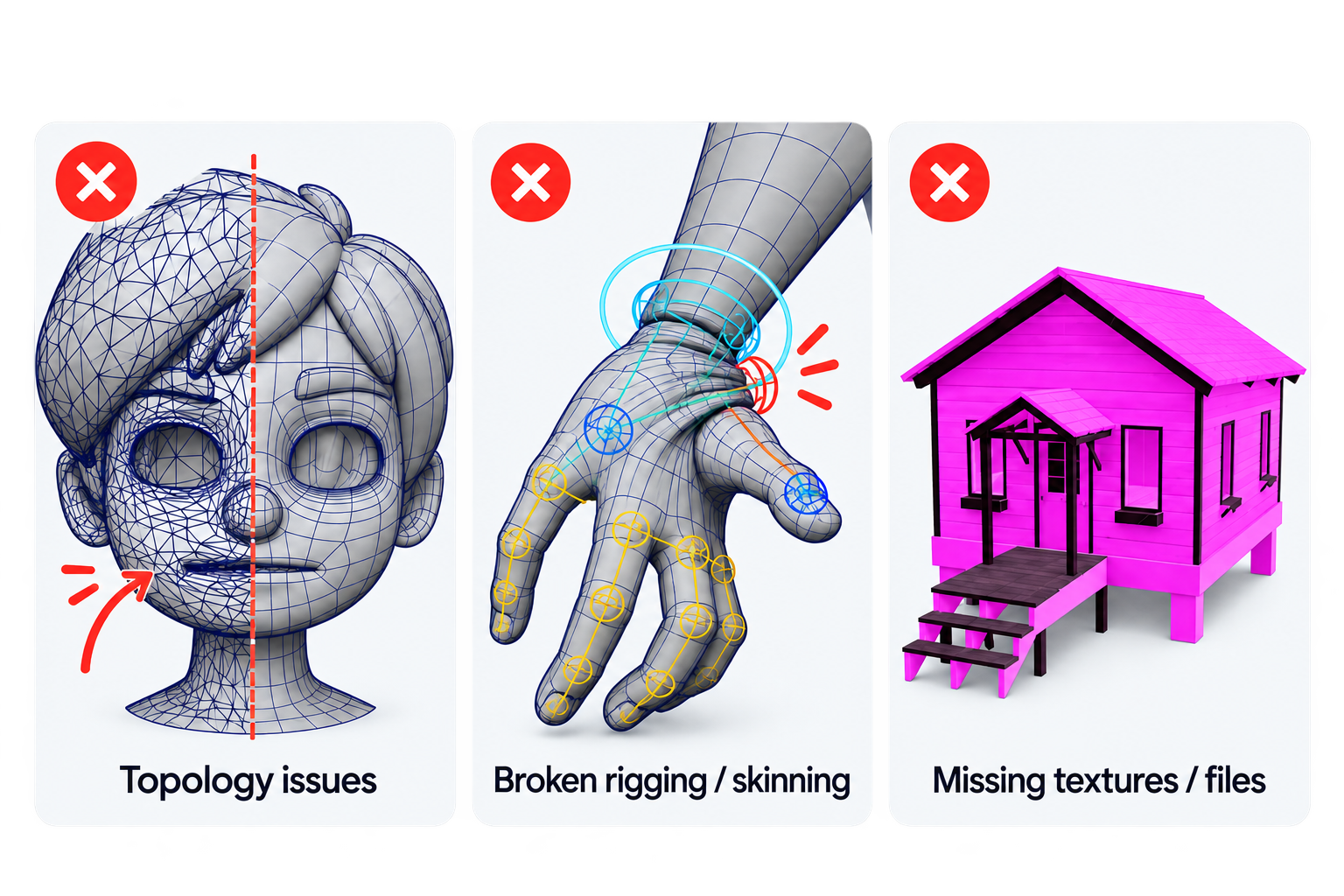 Common 3D asset problems: topology issues, broken rigging and skinning, missing textures and files