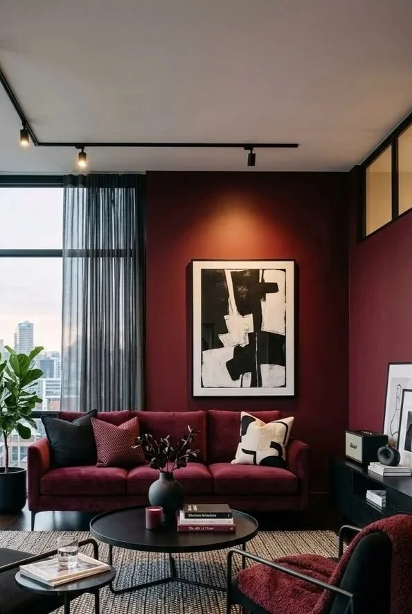 Modern living room with a maroon accent wall, a red velvet sofa with black and patterned pillows, black coffee table with books and a vase, armchair, abstract black-and-white artwork, large window with sheer curtains, potted plant, and cityscape view.