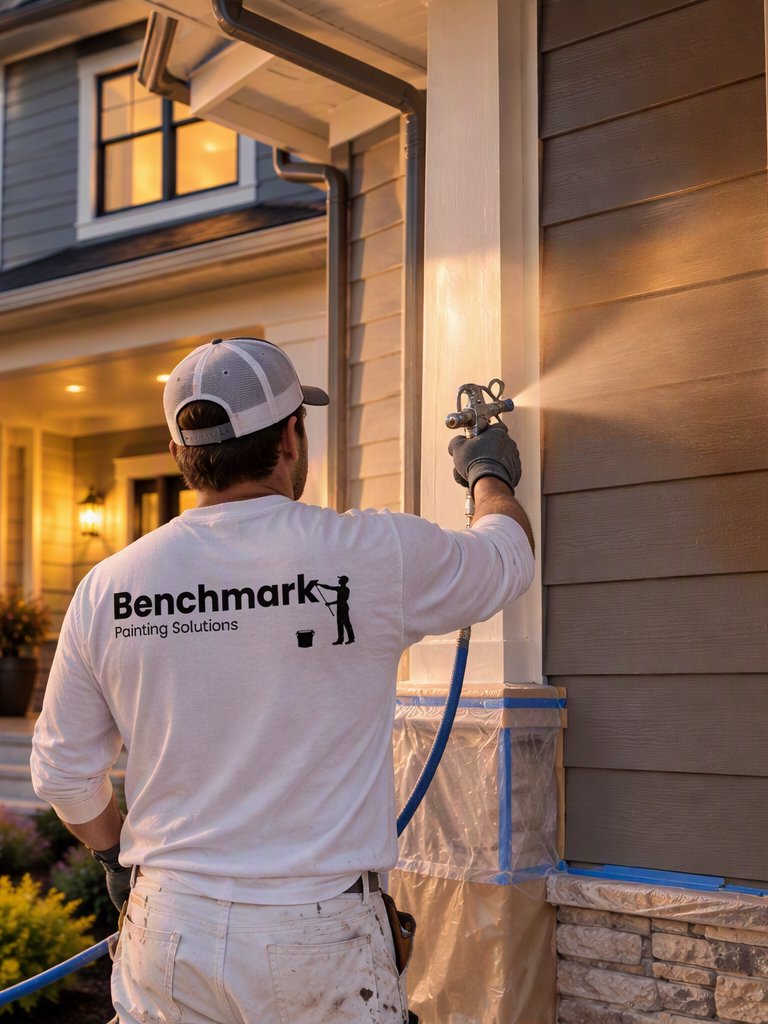 A man in a white long-sleeve shirt with the company logo "Benchmark Painting Solutions" on the back and a gray cap is power washing the exterior wall of a house in the evening, with warm lighting visible inside.