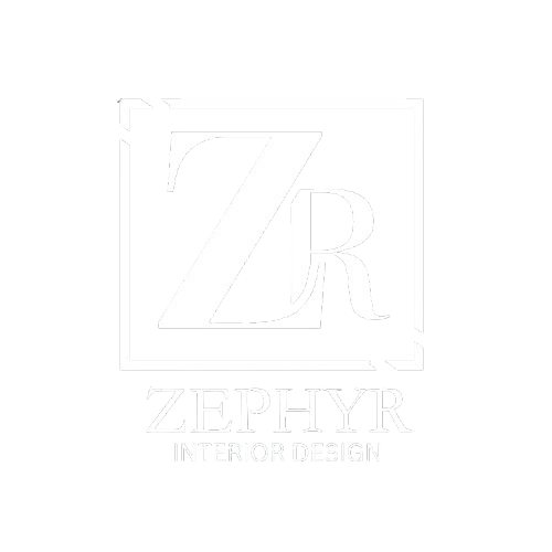 Logo for Zephyr Interior Design featuring large stylized 'ZR' initials inside a square outline, with the words 'Zephyr Interior Design' below.