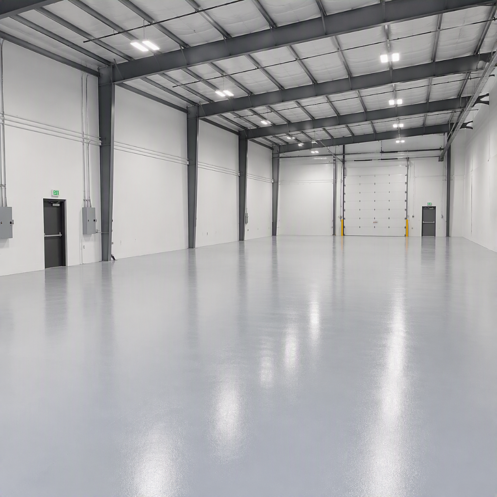 Empty warehouse with white walls, polished concrete floor, and large closed garage door.