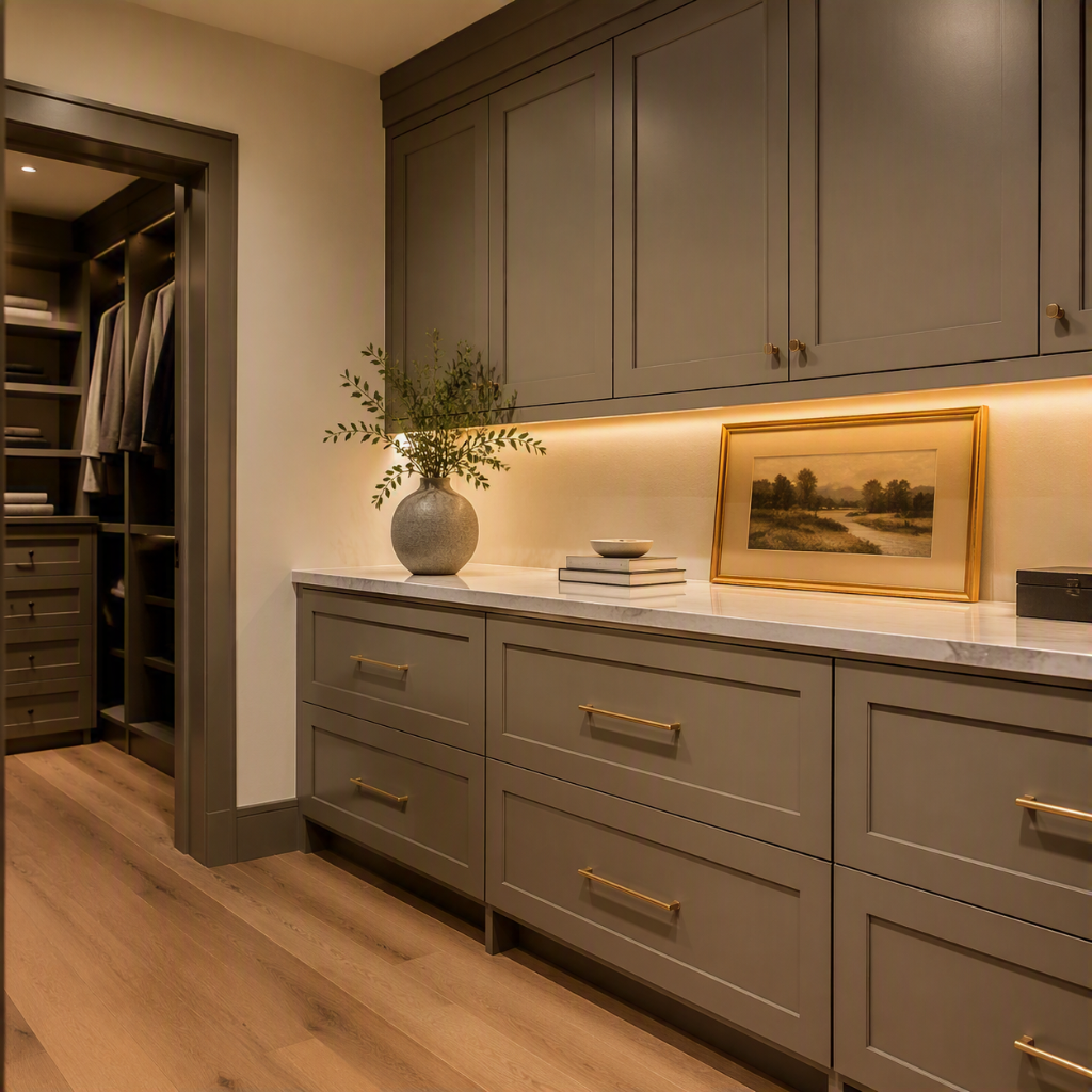 A home interior with gray cabinetry, a marble countertop, a vase with green foliage, a stack of books, a landscape painting in a gold frame, and a walk-in closet with clothes and organized shelves.