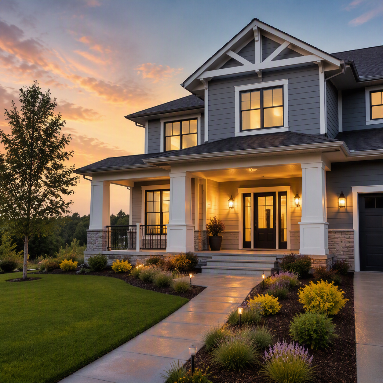 A modern two-story house with a front porch lit by warm lights during sunset, surrounded by landscaped garden with colorful plants and a well-maintained lawn.