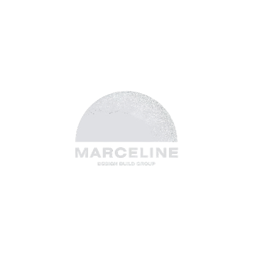 Logo with a large semi-circle and the text 'MARCELINE DESIGN BUILD GROUP' underneath, against a black background.