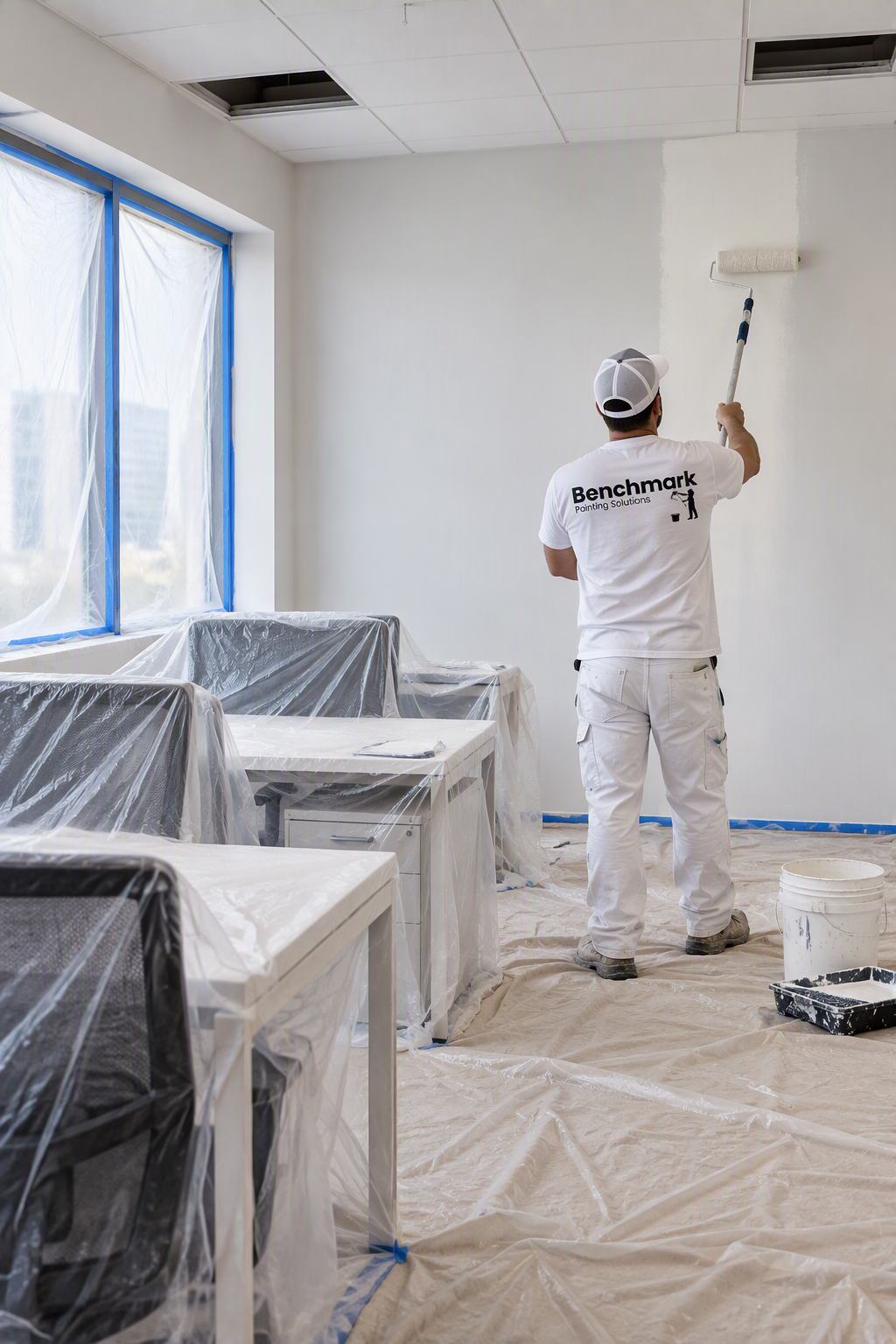A painter wearing a white shirt and cap painting the wall of an office with a roller brush. The office is covered with plastic sheeting to protect furniture and floor from paint. There are desks and chairs wrapped in plastic, and a large window with window panes taped for protection.