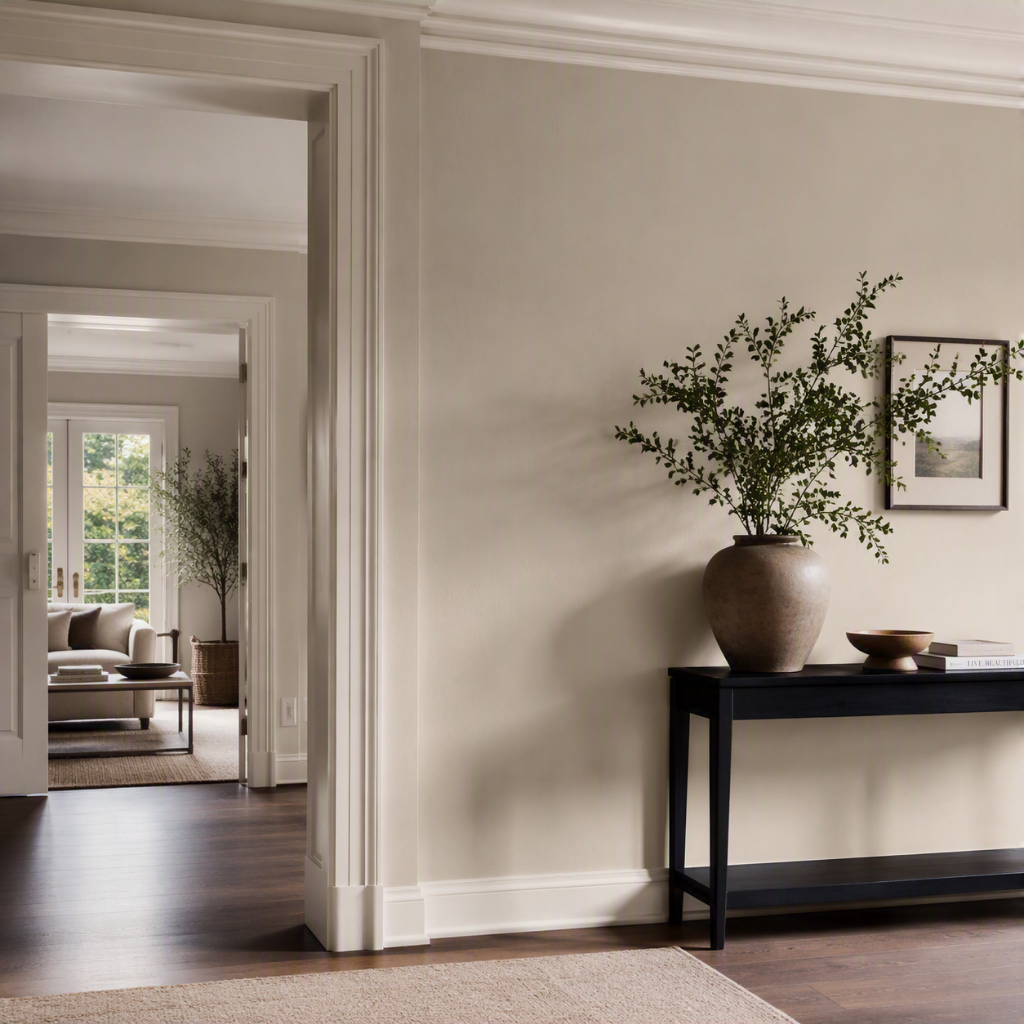 Interior view of a hallway with a black console table holding a large potted green plant, a small bowl, and a book, with framed artwork on the wall.