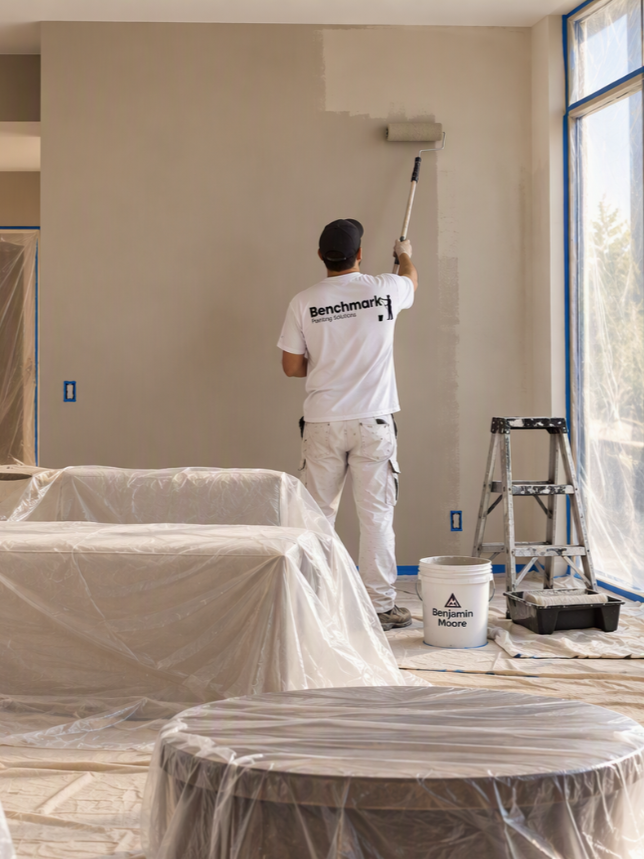 A person painting a wall with a roller in a room under construction or renovation. The person is wearing a white T-shirt and white pants, standing on the floor, with furniture and objects covered in plastic for protection.