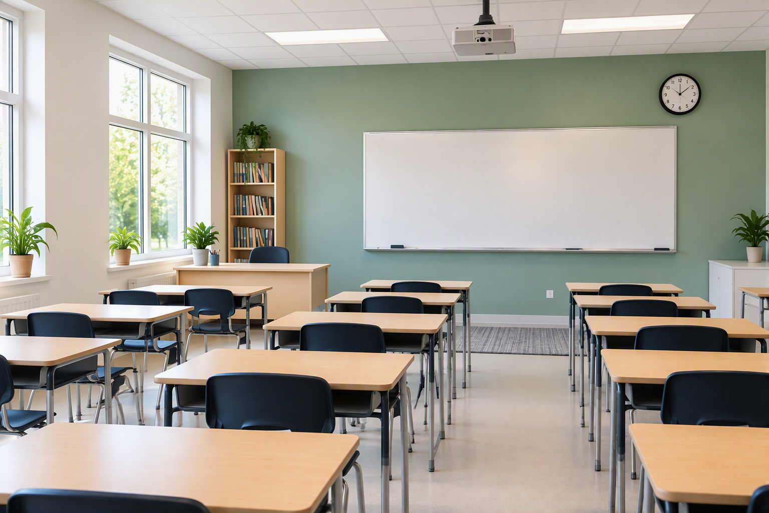 Empty classroom with desks and chairs arranged in rows, green accent wall with whiteboard, large windows with potted plants, bookshelf, and clock.
