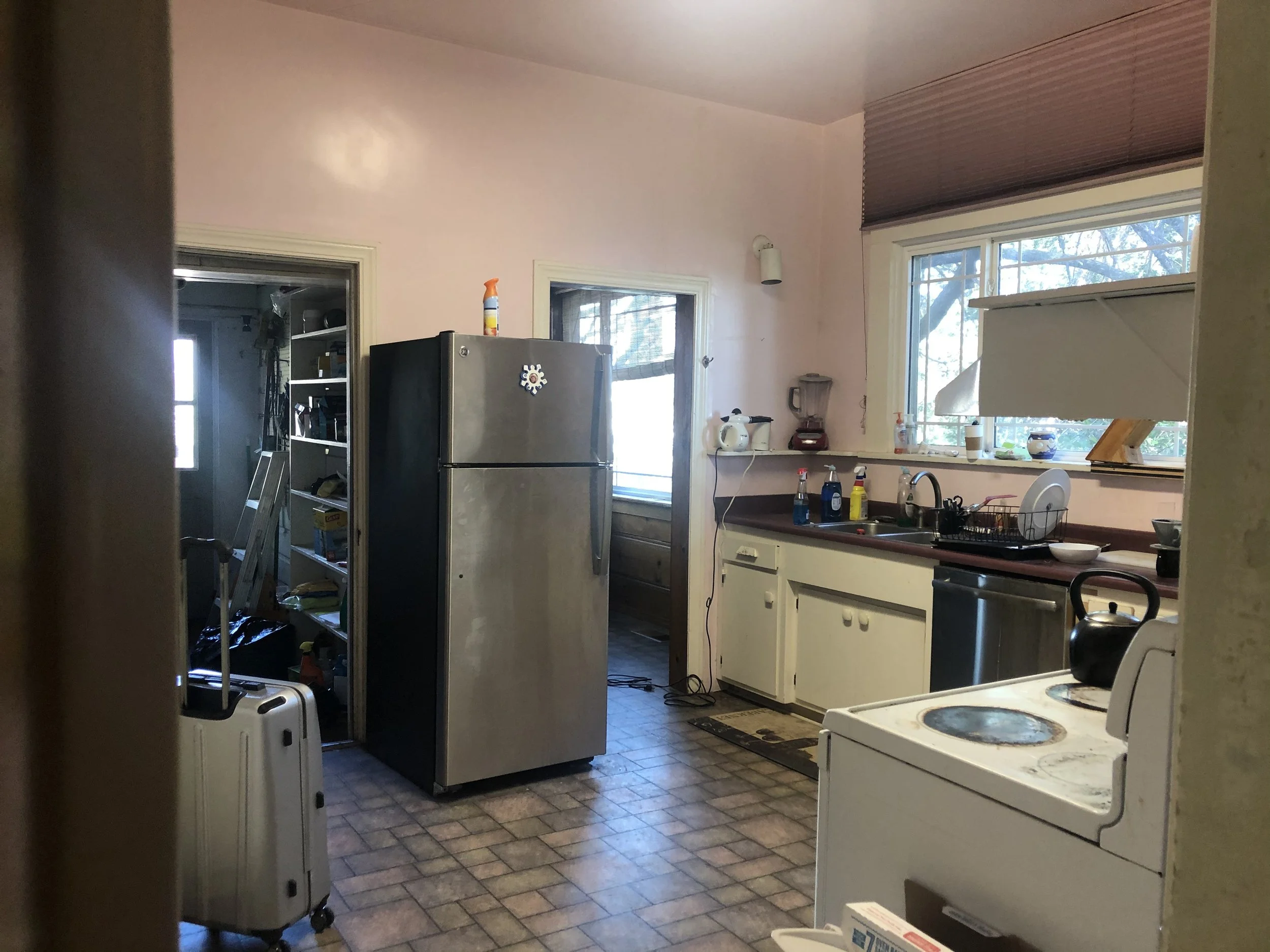 A cluttered kitchen with pink walls, a refrigerator, a dishwasher, and a window showing trees outside. Shelves and various kitchen appliances are visible, with cleaning supplies on the counter.