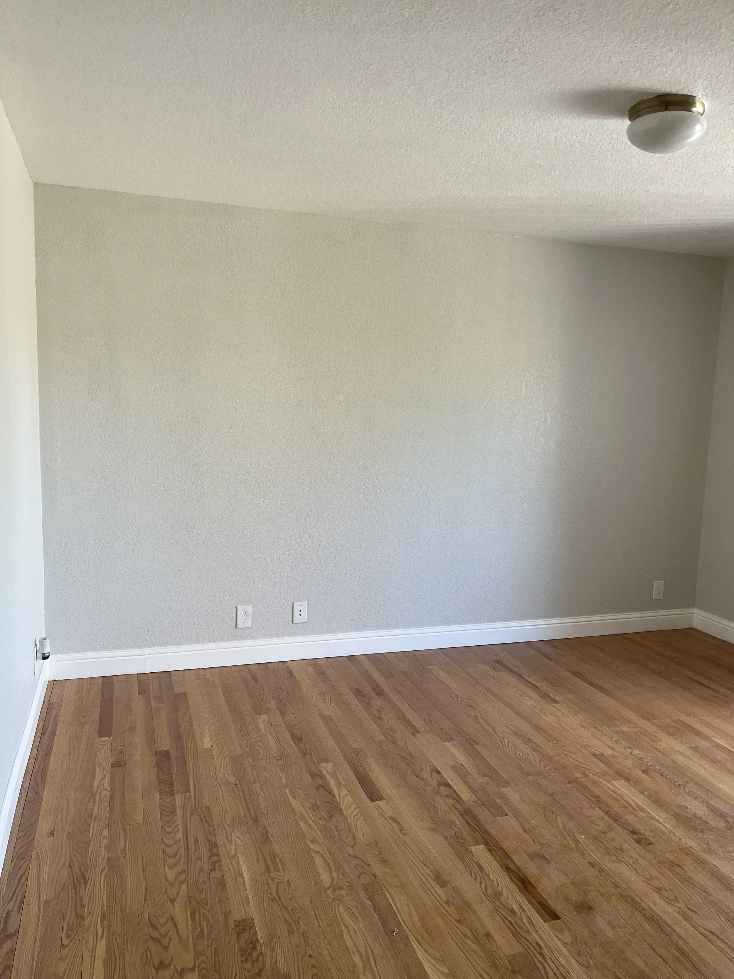 Empty room with hardwood floor, off-white walls, a white ceiling with a ceiling light fixture, and three electrical outlets.