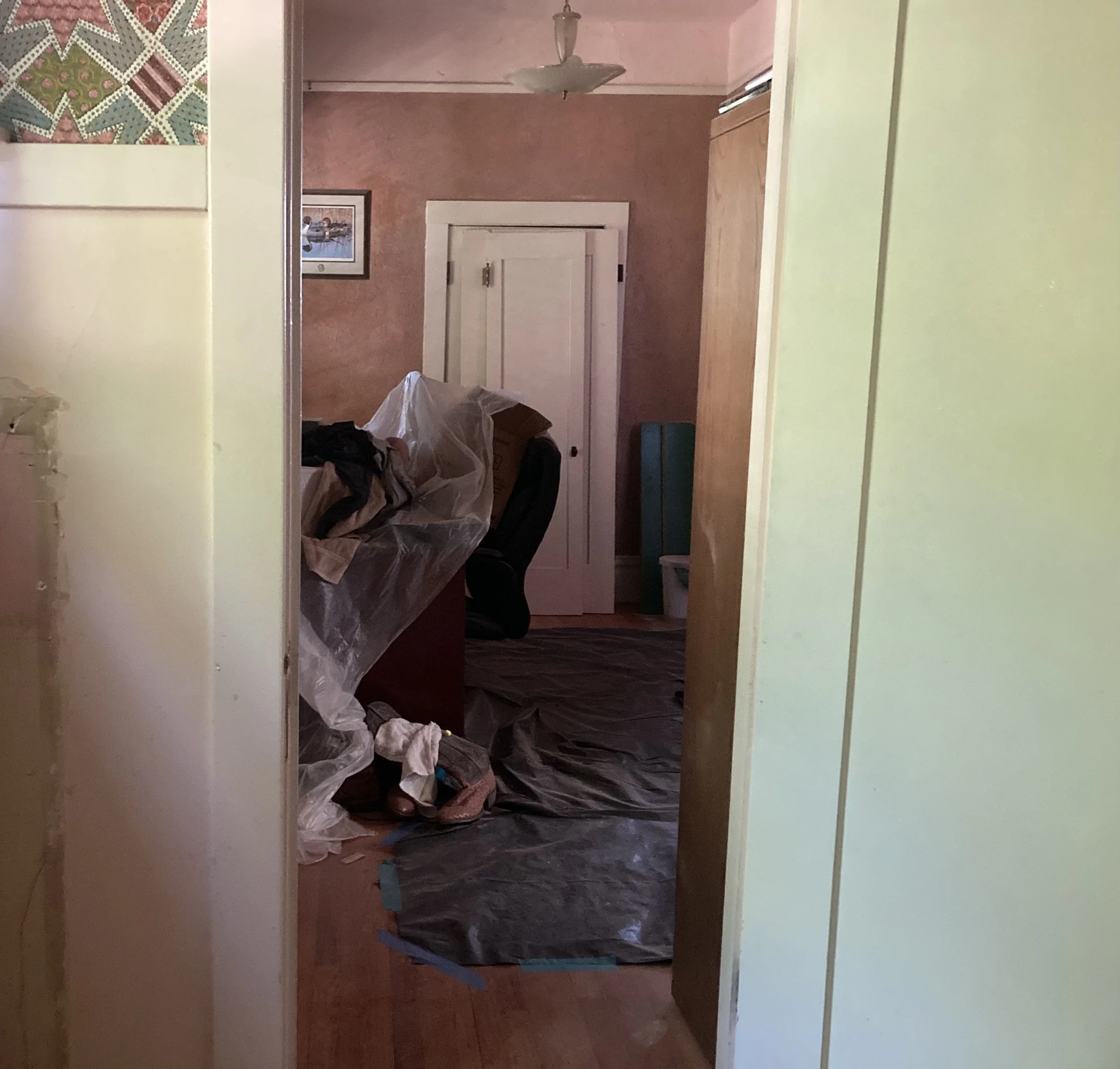 Inside a room with pink walls, a white door, and a ceiling fan. The room appears cluttered with plastic bags, clothes, and cardboard boxes on the floor.