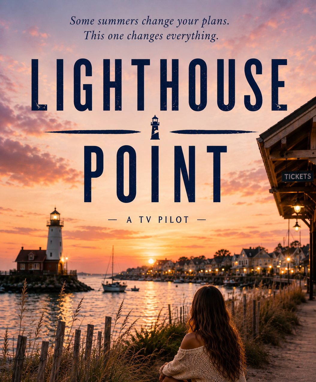 Sunset over a harbor with a lighthouse, boats, and houses. A woman with long hair sits on the grass in the foreground, looking at the view. The image has an orange and pink sky, with a quote about summer and a title "Lighthouse Point."