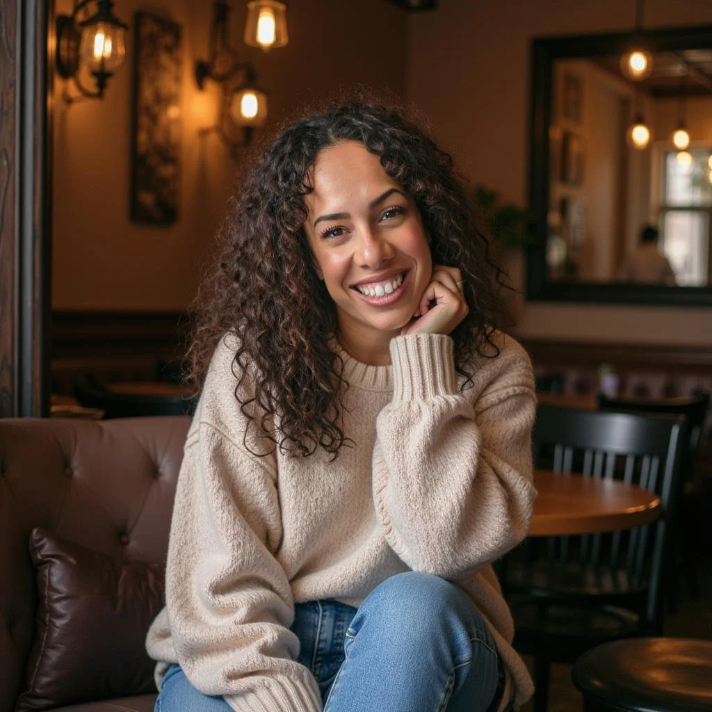 A woman with curly hair smiling and sitting in a cozy cafe.