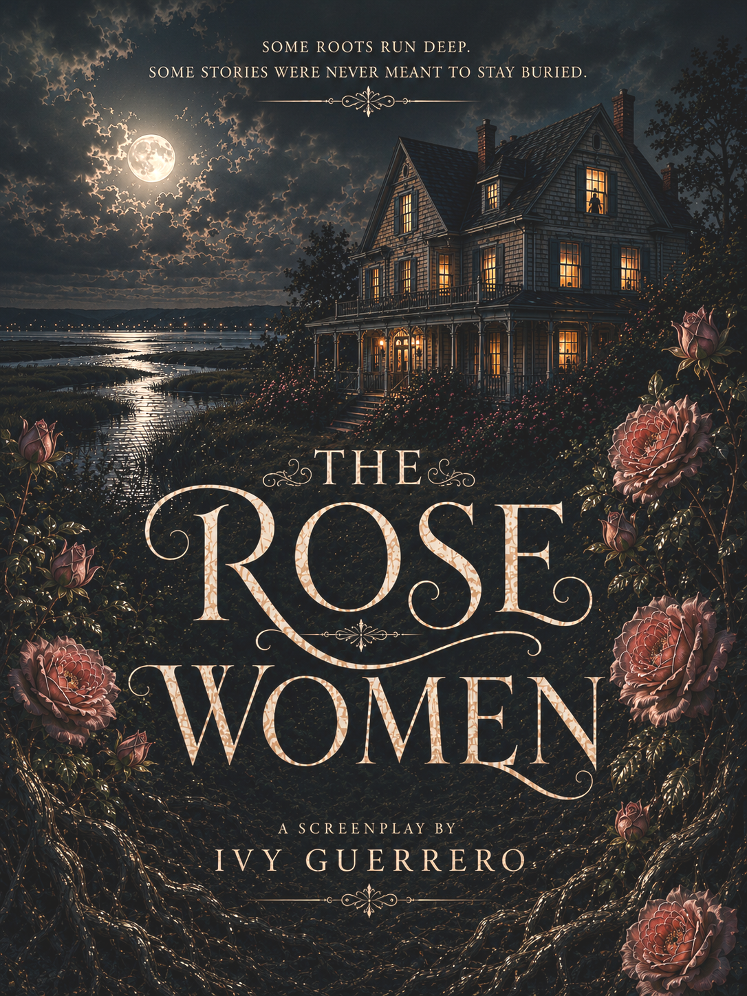 A dark, moonlit night scene depicting a large, old house with lit windows beside a winding river, surrounded by flowering bushes and trees, with text overlay reading 'The Rose Women' and the author's name, Ivy Guerrero.