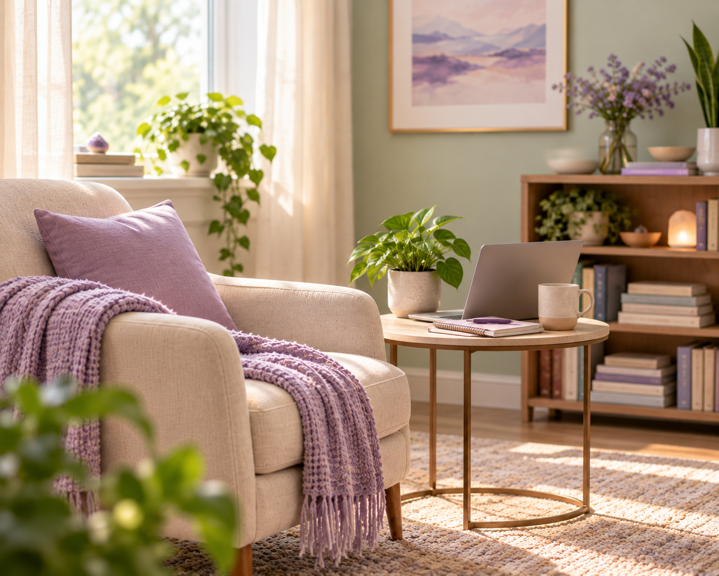A cozy living room with a beige sofa draped with a purple blanket and pillow, a small round wooden coffee table with a laptop, notebook, and mug, a green potted plant, a bookshelf with decorative items and books, and a window with sunlight streaming in.