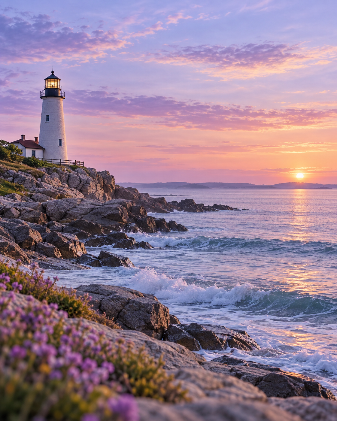 Lighthouse overlooking ocean waves beneath a lavender sunset