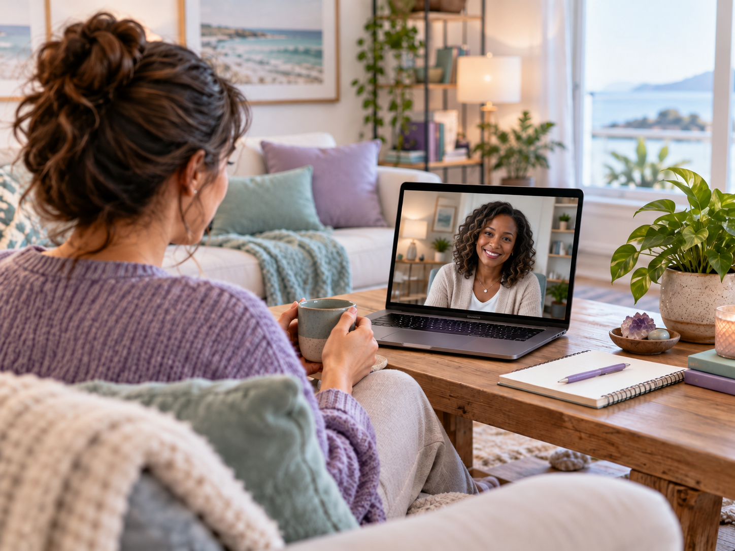 A woman with brown curly hair sits on a cozy couch, holding a mug, participating in a video call on her laptop. The laptop screen shows another woman with dark curly hair smiling. The room is well-lit with natural light, decorated with plants, books, and soft furnishings, and a large window in the background offers a view of water and distant mountains.