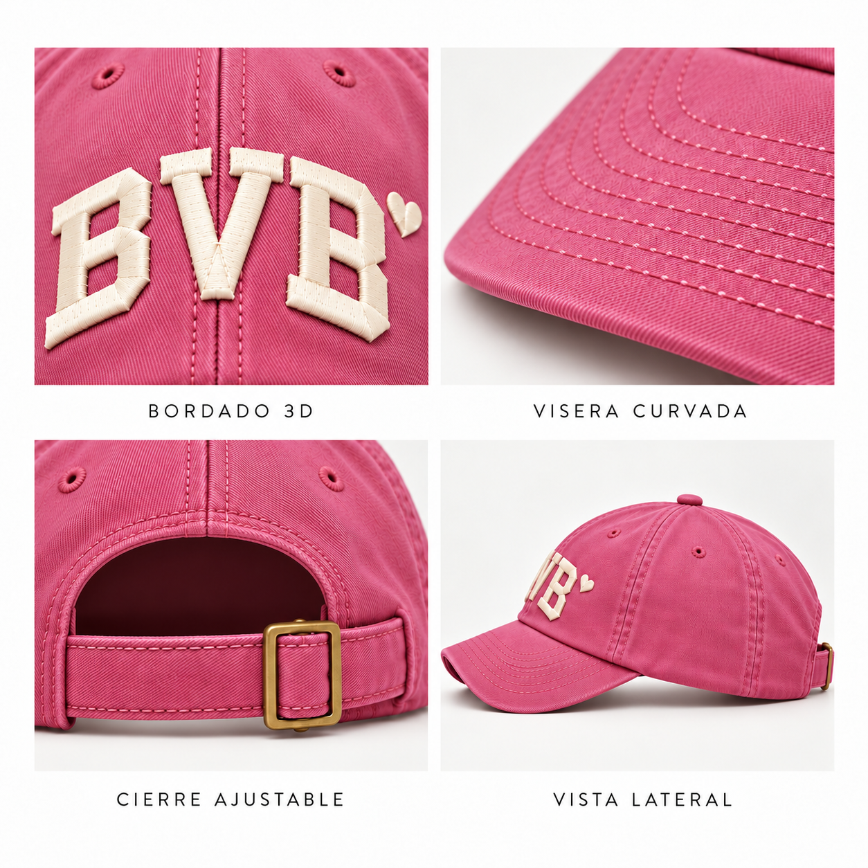 Cuatro imágenes de una gorra rosa, mostrando detalles como bordado en 3D, visera curva, cierre ajustable y vista lateral.