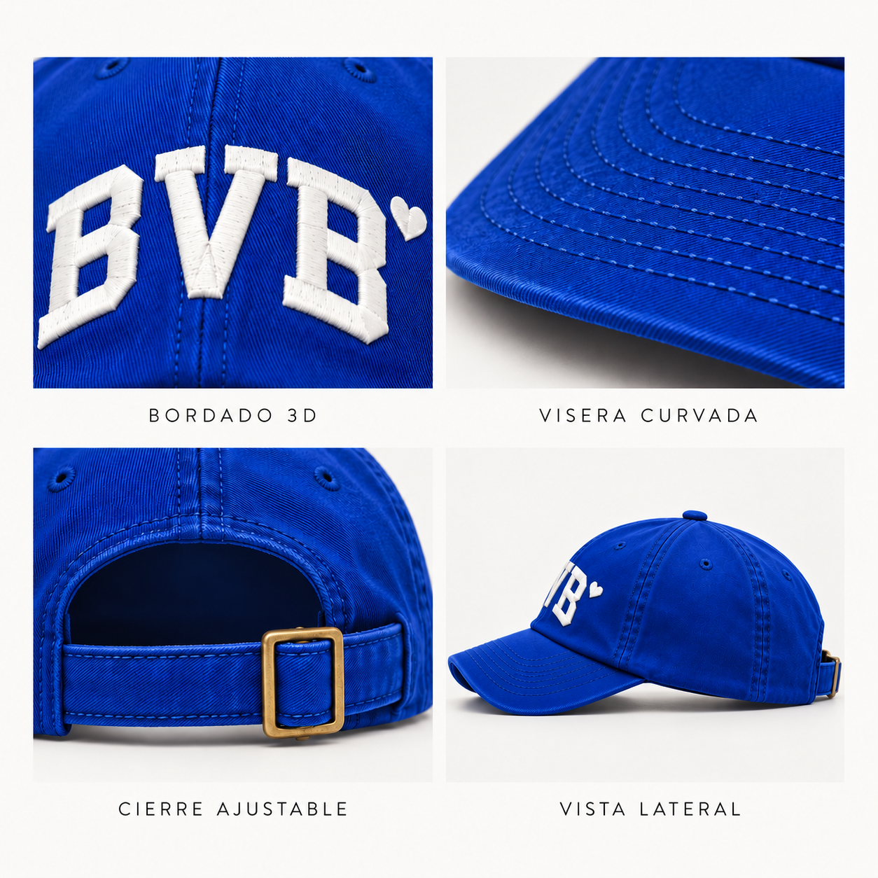 Collage de cuatro imágenes de una gorra azul, mostrando detalles del bordado 3D, visera curva, cierre ajustable y vista lateral.