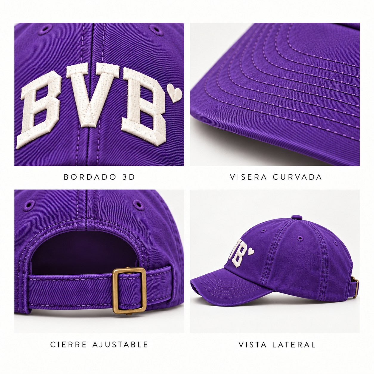 Capucha morada con bordado 3D, visera curva, cierre ajustable y vista lateral.