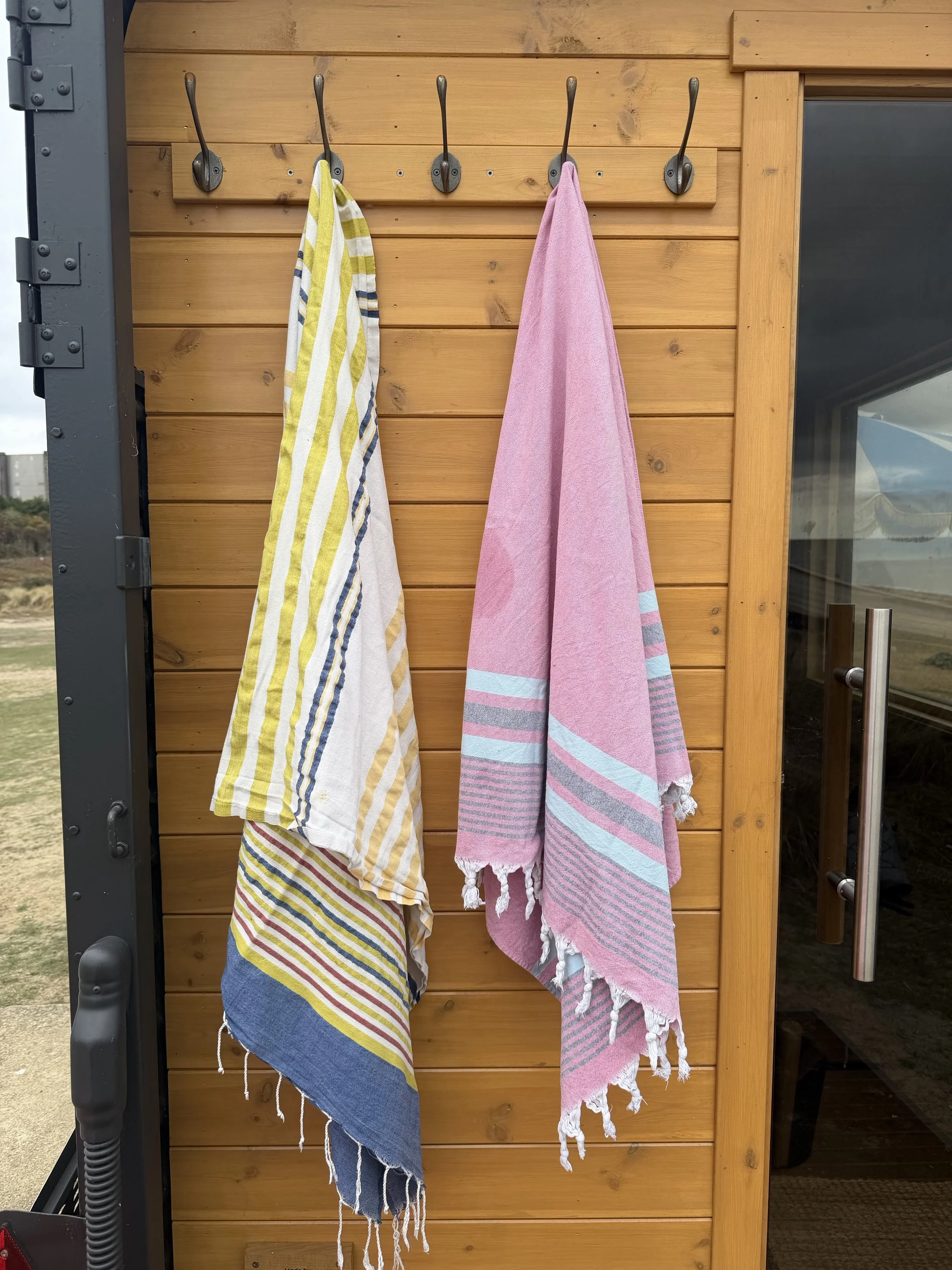 Two towels hanging on metal hooks on a wooden wall, with a window and outdoor scenery visible on the right side.