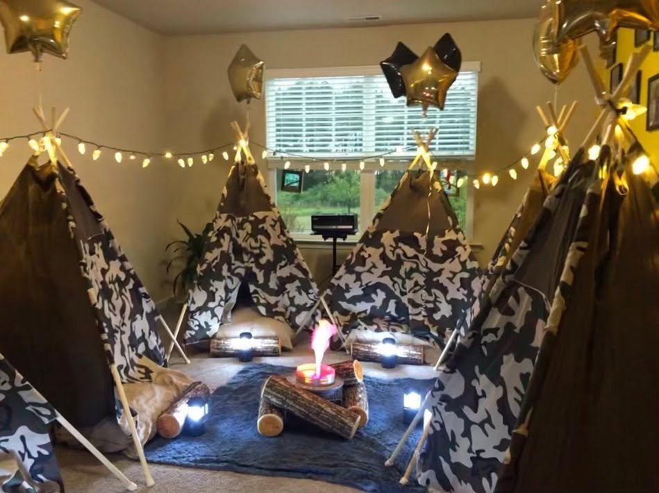 Camo themed glamping setup