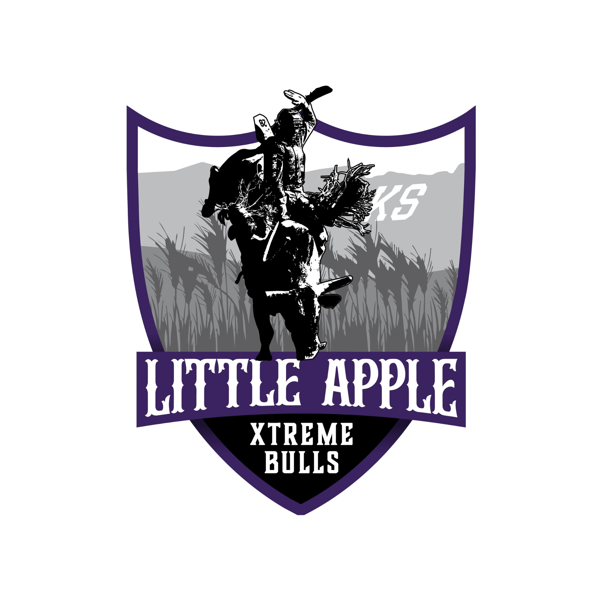 Graphic design logo featuring a rider on a motorcycle, with the text "Little Apple Xtreme Bulls" below, set against a shield-shaped background with a grassy field and mountains in the distance.
