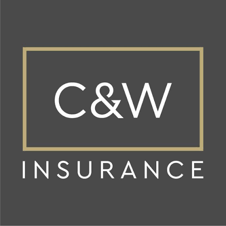 Logo for C&W Insurance with beige border on dark gray background, displaying the company name in white text.