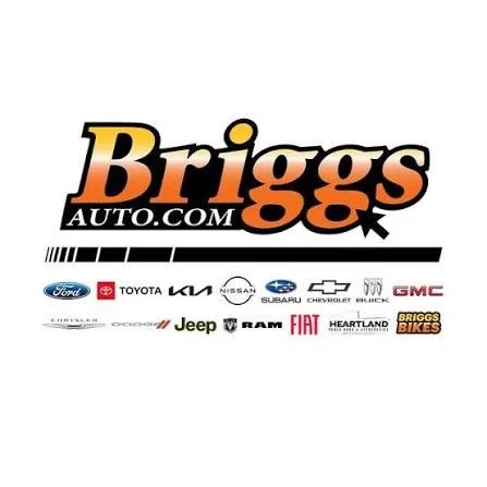 Briggs Auto.com logo with car brand logos including Ford, Toyota, Kia, Nissan, Subaru, Chevrolet, Buick, GMC, Jeep, RAM, Fiat, Heartland, and Briggs Biles underneath.