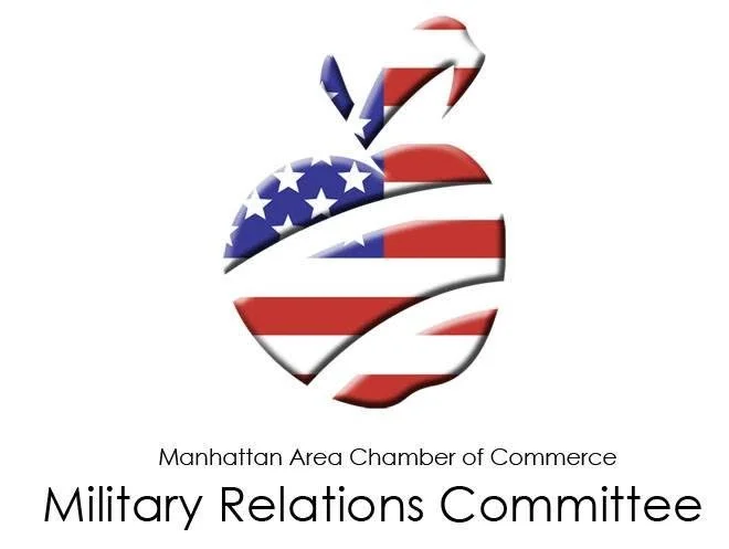 Logo of a person juggling, filled with the pattern of the American flag. Text reads "Manhattan Area Chamber of Commerce Military Relations Committee."