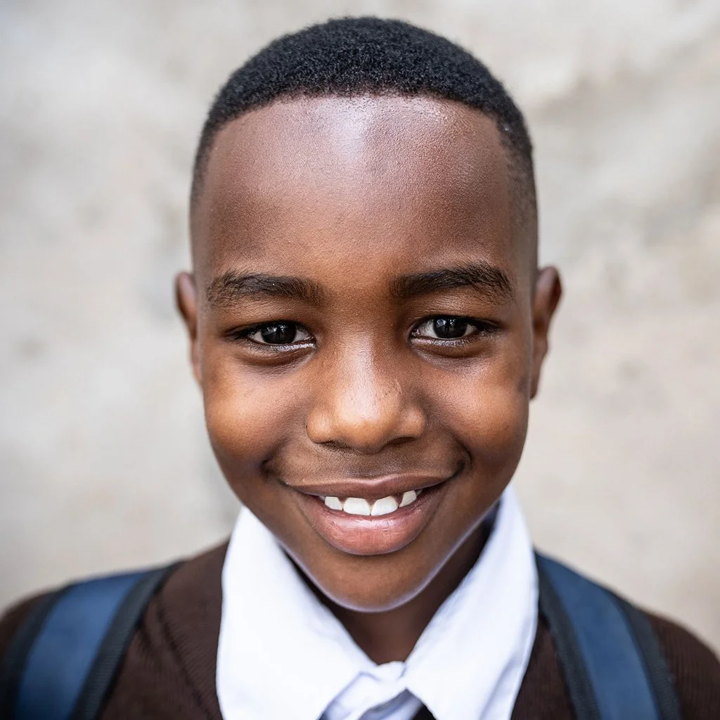 Close-up portrait of smiling young African boy with short black hair, wearing a white collared shirt and a dark sweater, carrying a blue backpack, standing against a plain, blurred background.