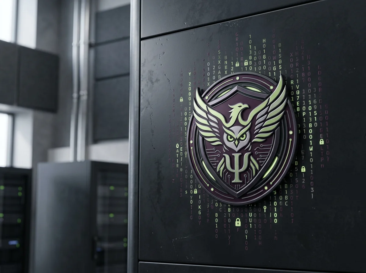 A logo with a stylized owl and phoenix hybrid symbol, set against a backdrop of green and purple digital binary code on a black server in a data center.