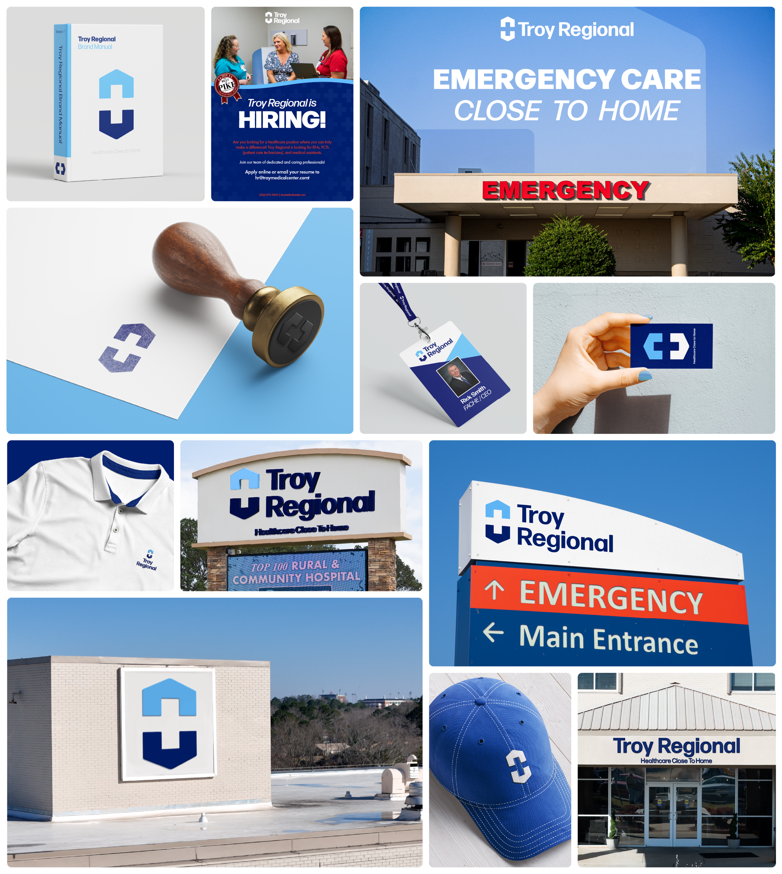 A collage of images related to Troy Regional hospital, including their brand manual, staff recruitment poster, emergency hospital building, logo, a polo shirt, a sign at the hospital with community information, a baseball cap, and directional signs for emergency and main entrance.