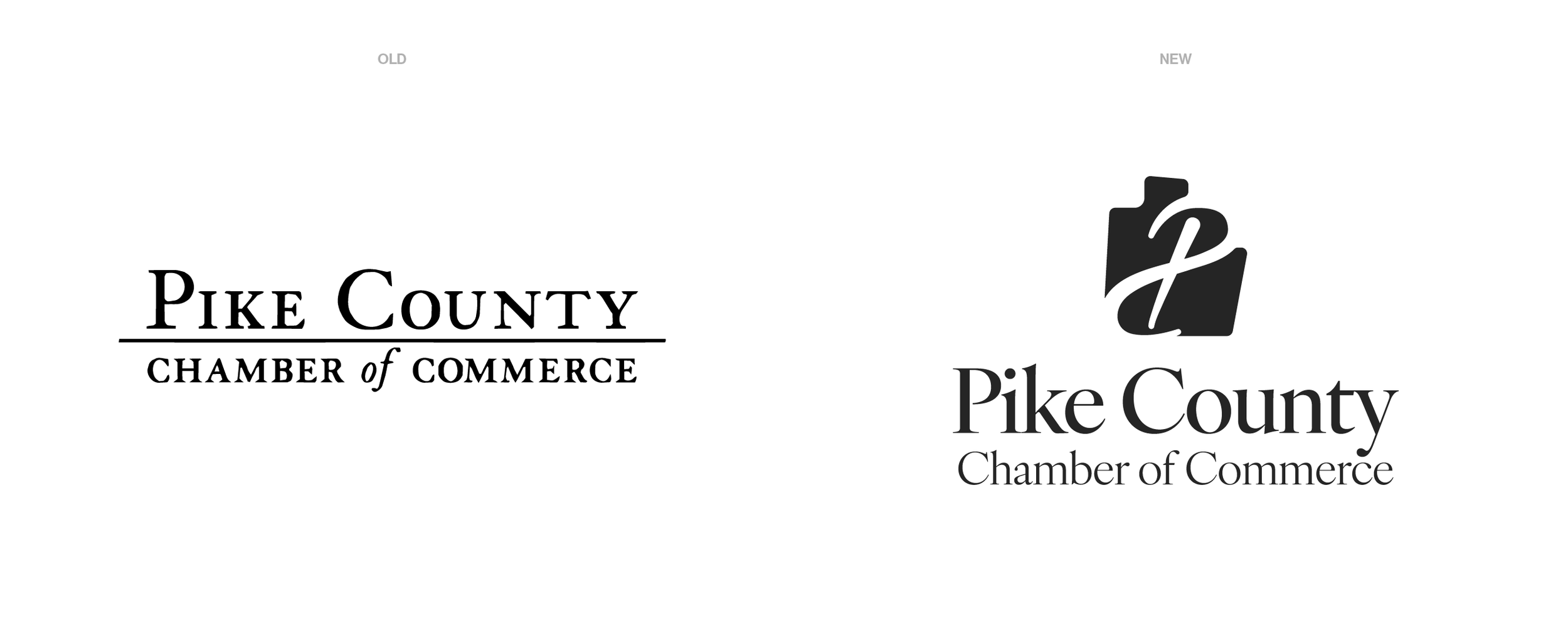 Comparison of old and new logos for Pike County Chamber of Commerce, featuring stylized 'p' with accompanying text.