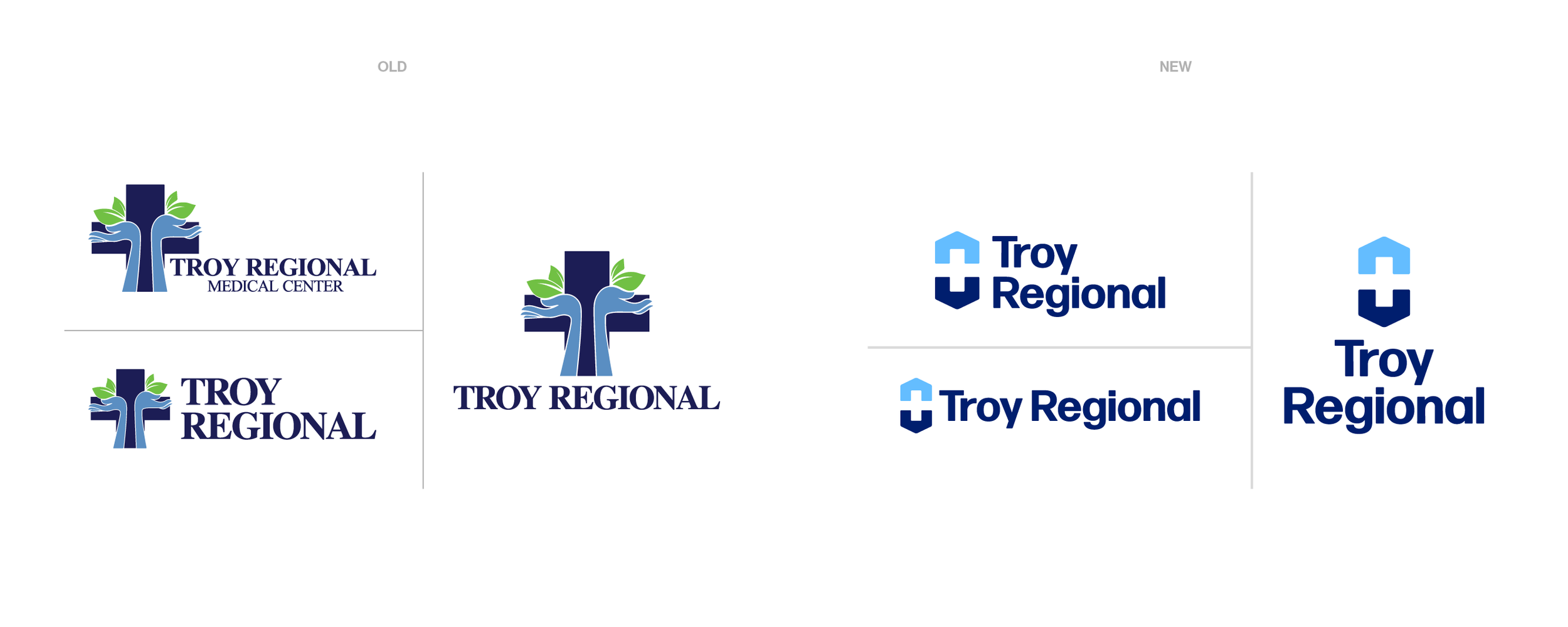 Comparison of old and new logos for Troy Regional Medical Center, featuring a cross with a blue and green design and the hospital name.