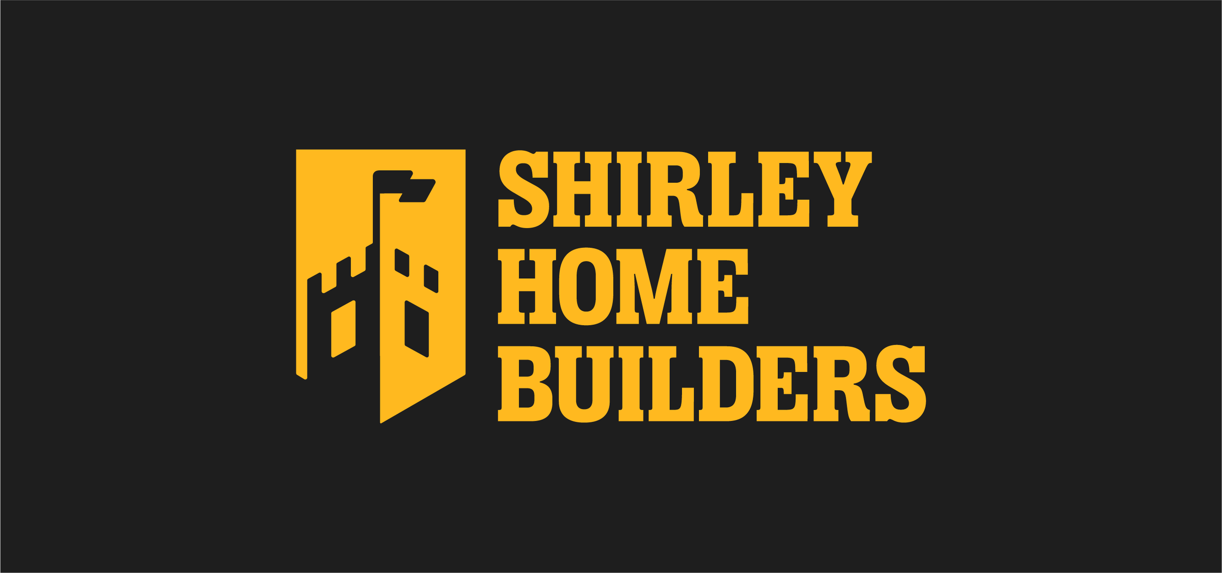 Logo for Shirley Home Builders featuring a black and yellow color scheme with a stylized house and flag icon.