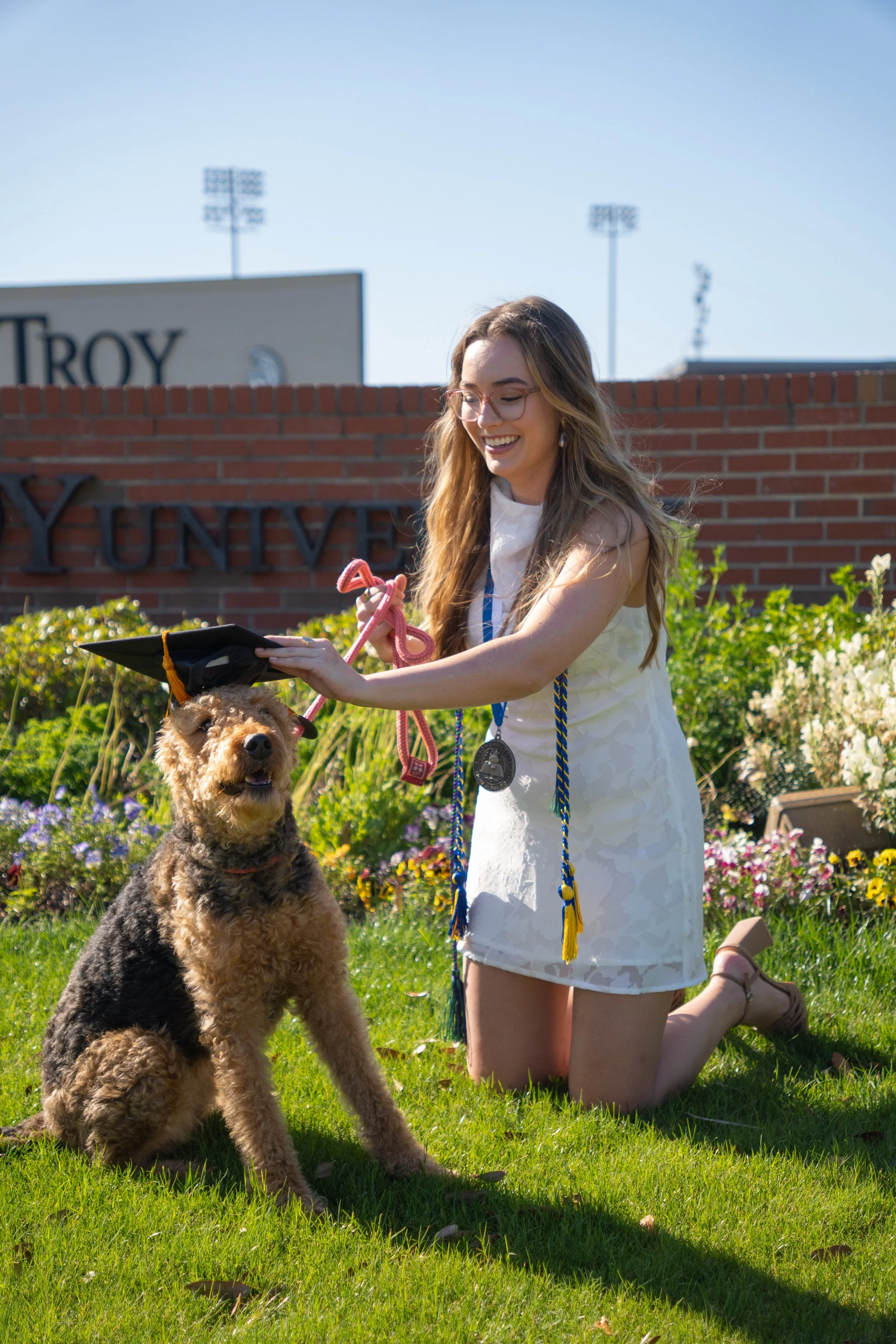 A young woman with long, wavy hair and glasses kneeling on the grass, holding a pink leash attached to a large Airedale dog wearing a graduation cap, with a background of a brick wall, greenery, and a sign reading 'TROY' and 'YOUNV'.