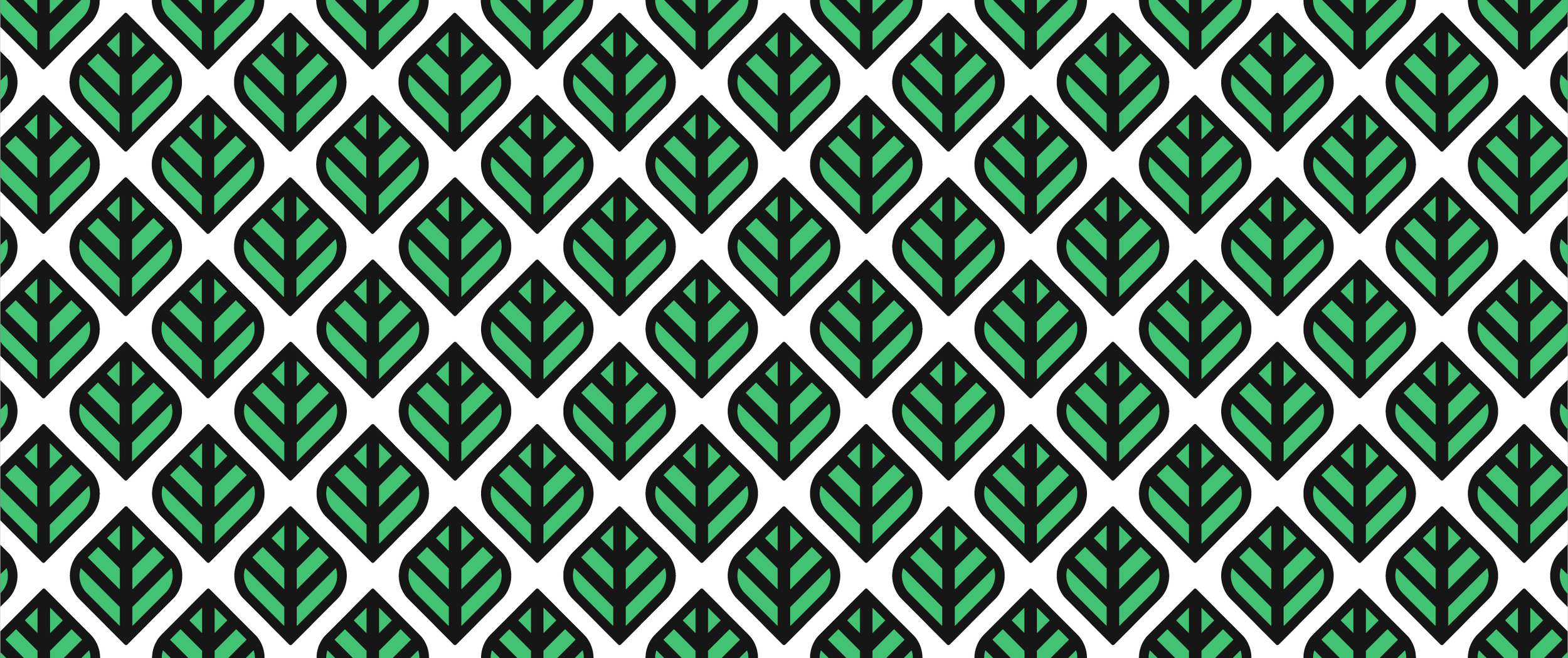 Pattern of green and black geometric leaf shapes on a white background.