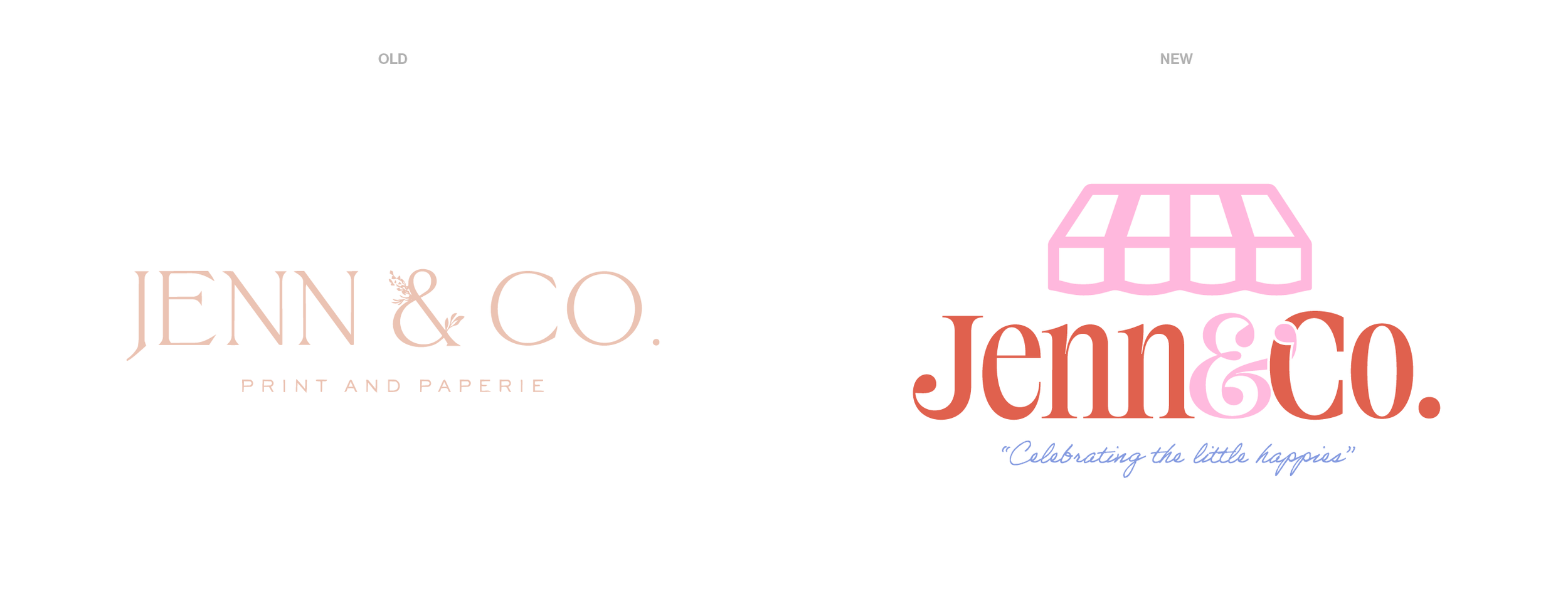 Comparison of old and new logo designs for Jenn & Co., featuring text and a pink storefront outline, with the tagline 'Celebrating the little happiness'.