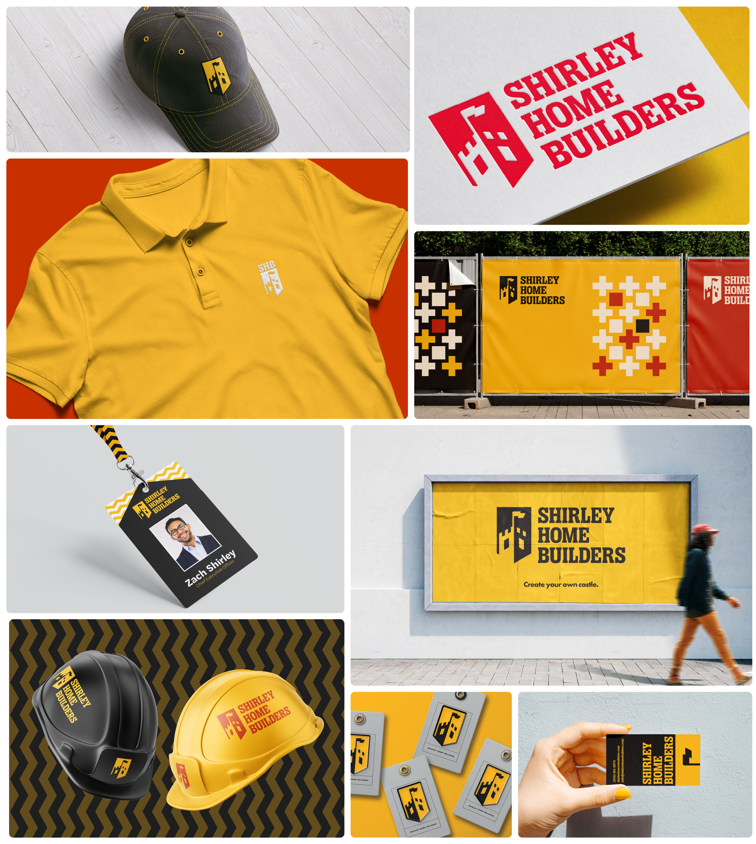 A collage of branding and promotional materials for Shirley Home Builders, featuring yellow and black colors. Includes a black cap, yellow polo shirt with logo, employee badge, helmets, yard signs, and hand holding a business card, all displaying the company's logo and slogan.