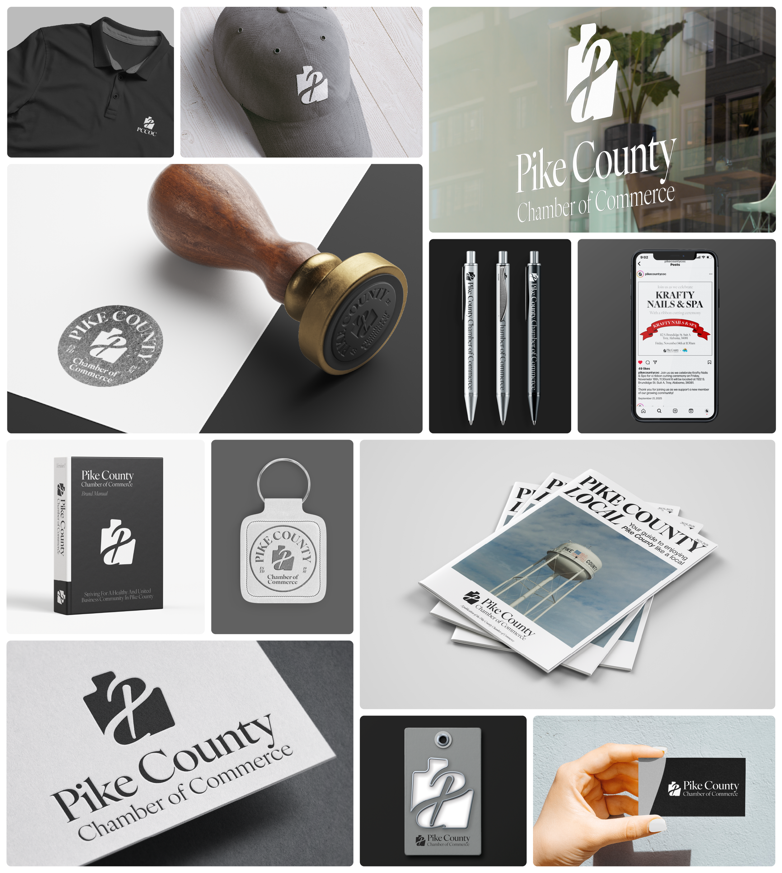 Collection of Pike County Chamber of Commerce branded items including a black polo shirt, a gray cap, a wooden stamp with a brass handle, branded pens, brochures, and a person holding a branded card with the chamber's logo.
