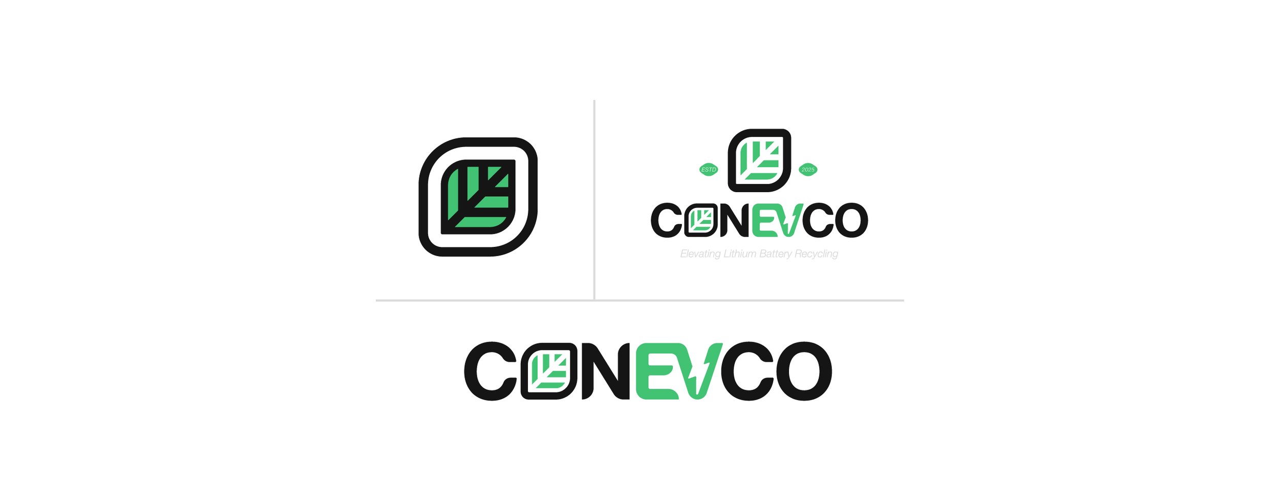 Logo for CONEVO with text 'Elevating Lithium Battery Recycling' and a green and black leaf symbol.