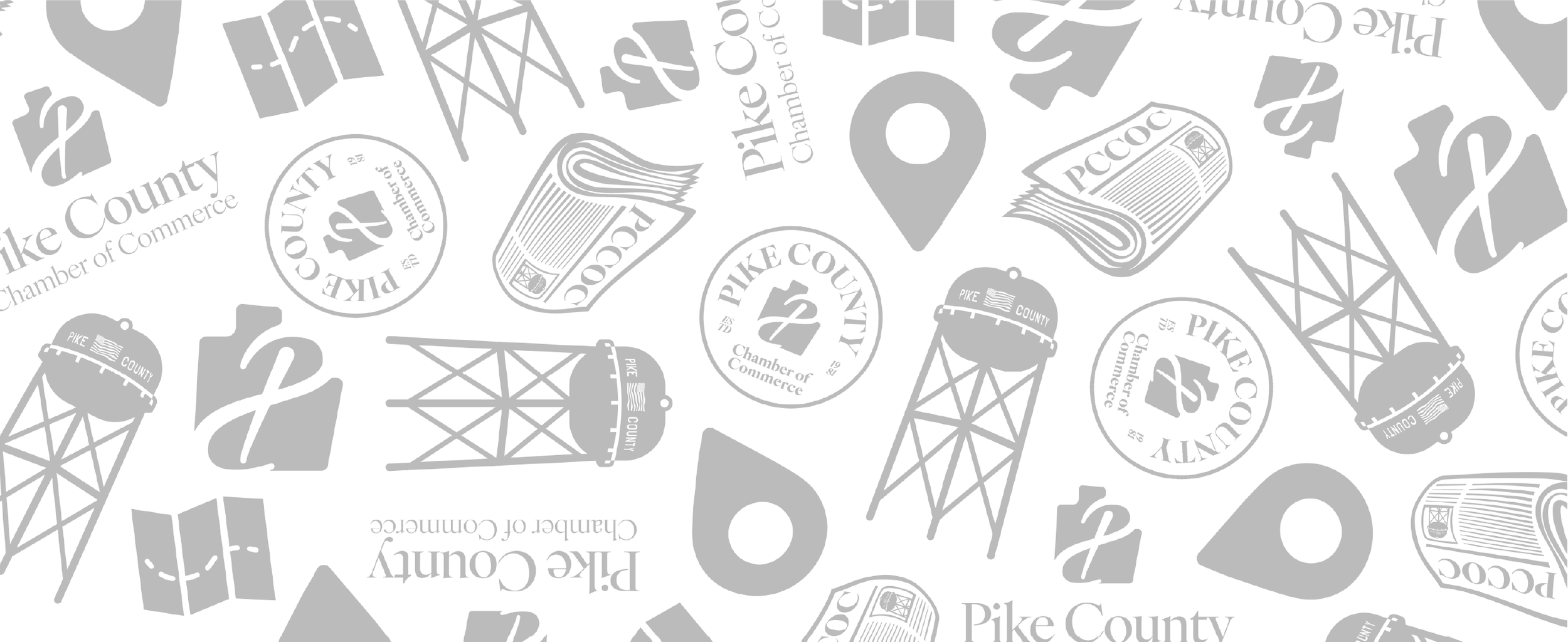 Pattern featuring logos and icons of Pike County Chamber of Commerce, newspapers, water towers, maps, and location pins in shades of gray.