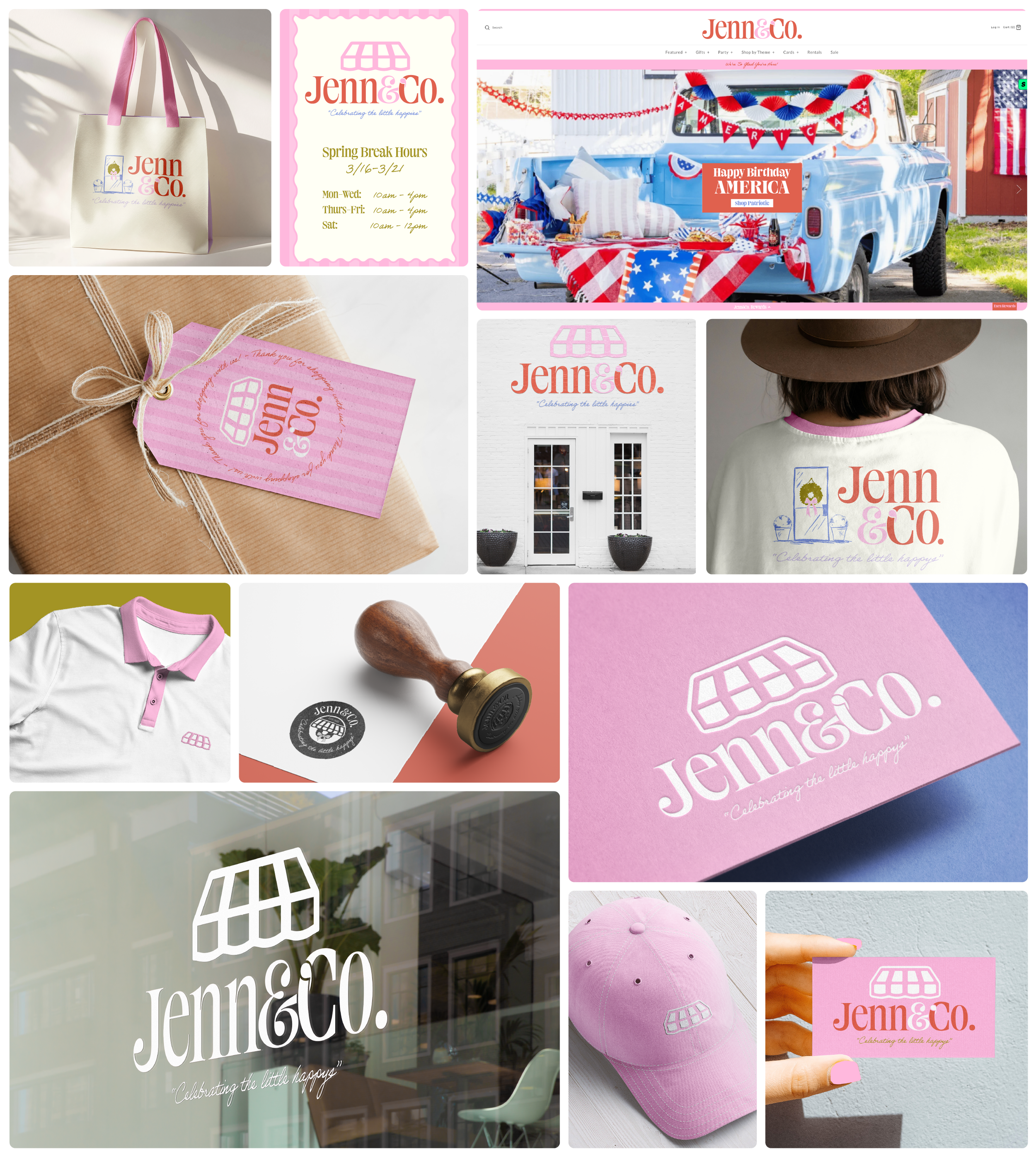 Collage of Jenn & Co. branding and merchandise, including a tote bag, a gift tag, a T-shirt, a pink baseball cap, and a storefront window, all featuring Jenn & Co. logos and branding in pink and orange colors, along with patriotic-themed decorations and a truck with balloons.