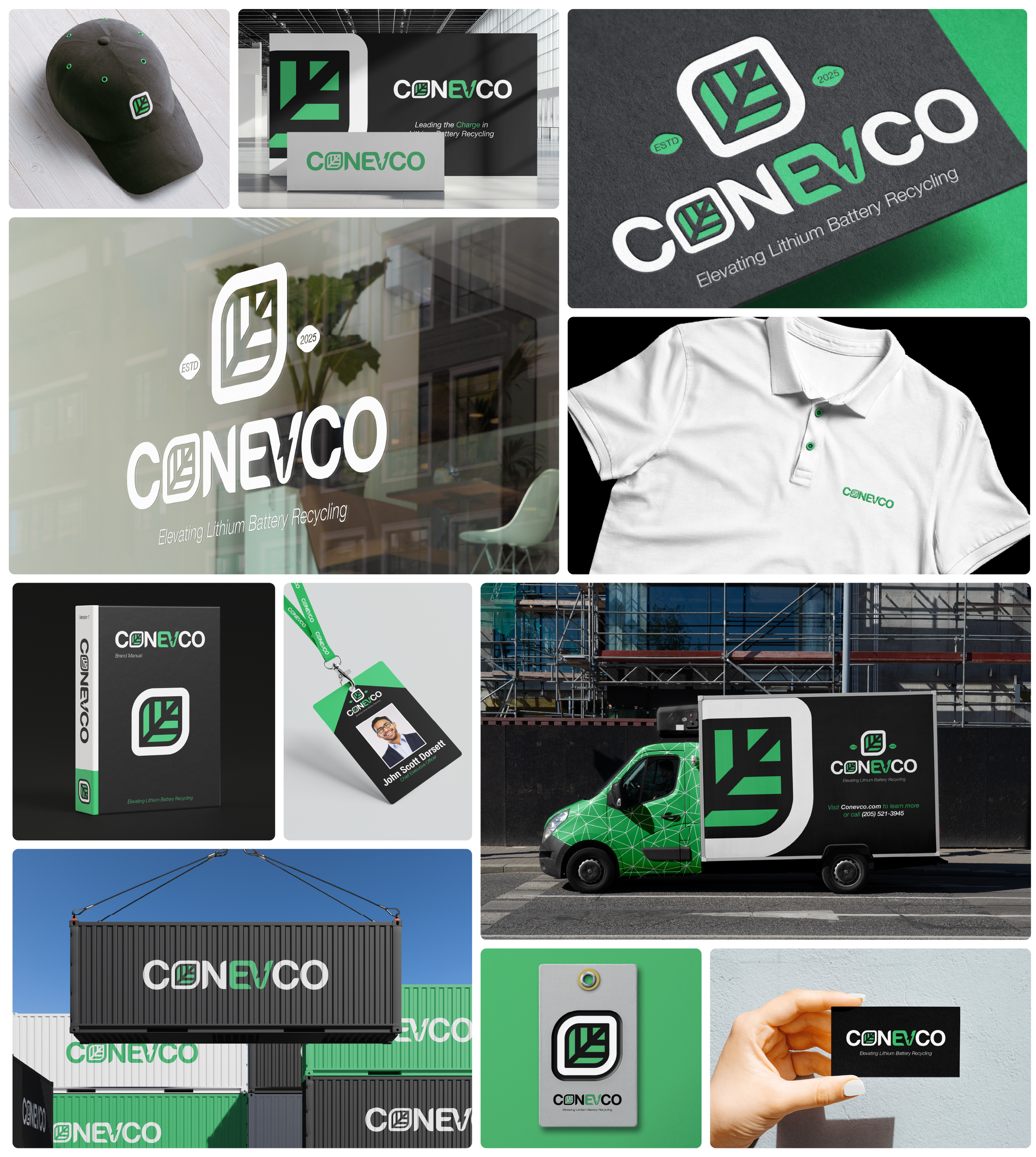Collection of images showcasing branding for Conevco, a company specializing in lithium battery recycling. Included are a black hat with the company logo, a reception desk and signage at an exhibition, close-up of a sticker with the logo, a window decal, a branded white polo shirt, a large container with the logo, a shipping container with the logo, a business card, a lanyard with the logo, a banner with the logo, and a hand holding a business card with the logo.