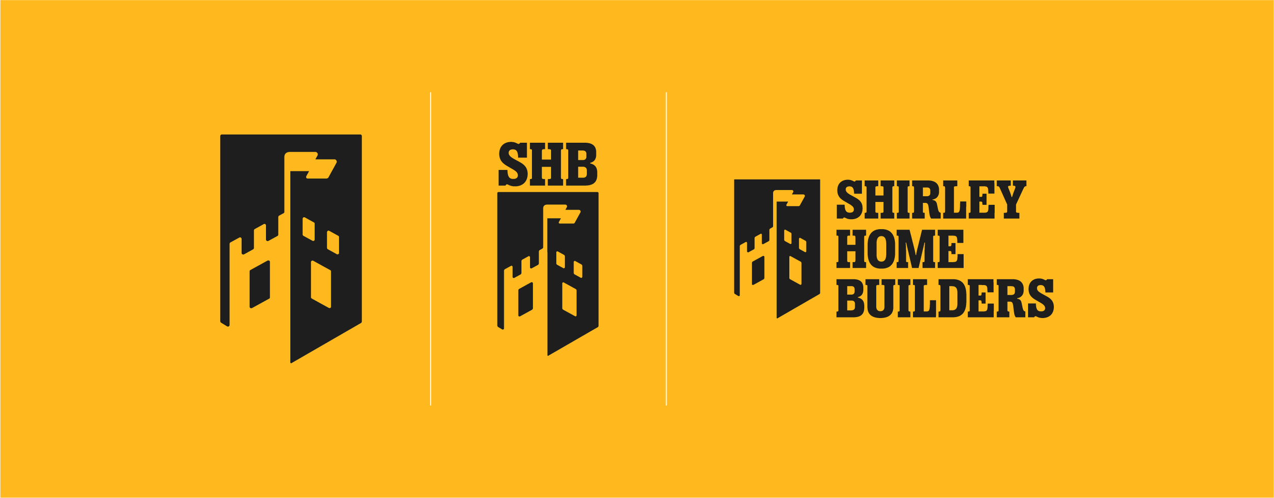 Logo for Shirley Home Builders, featuring a stylized black and yellow house with a flag on top, and the text SHB and SHIRLEY HOME BUILDERS.