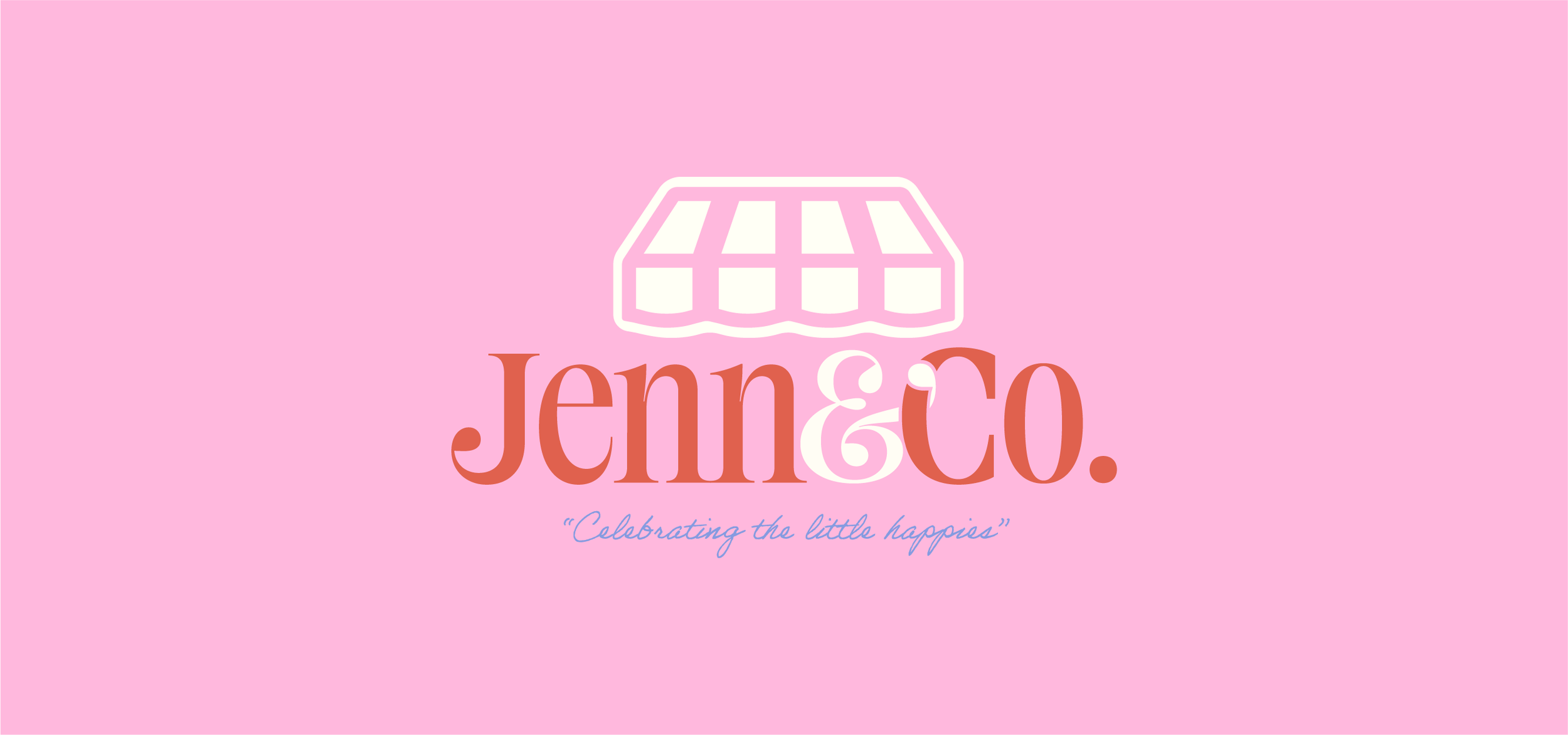 Pink background with a white outline of a storefront canopy and the text 'Jem & Co.' in large pink letters, with a small blue tagline below that reads 'Celebrating the little happies'.