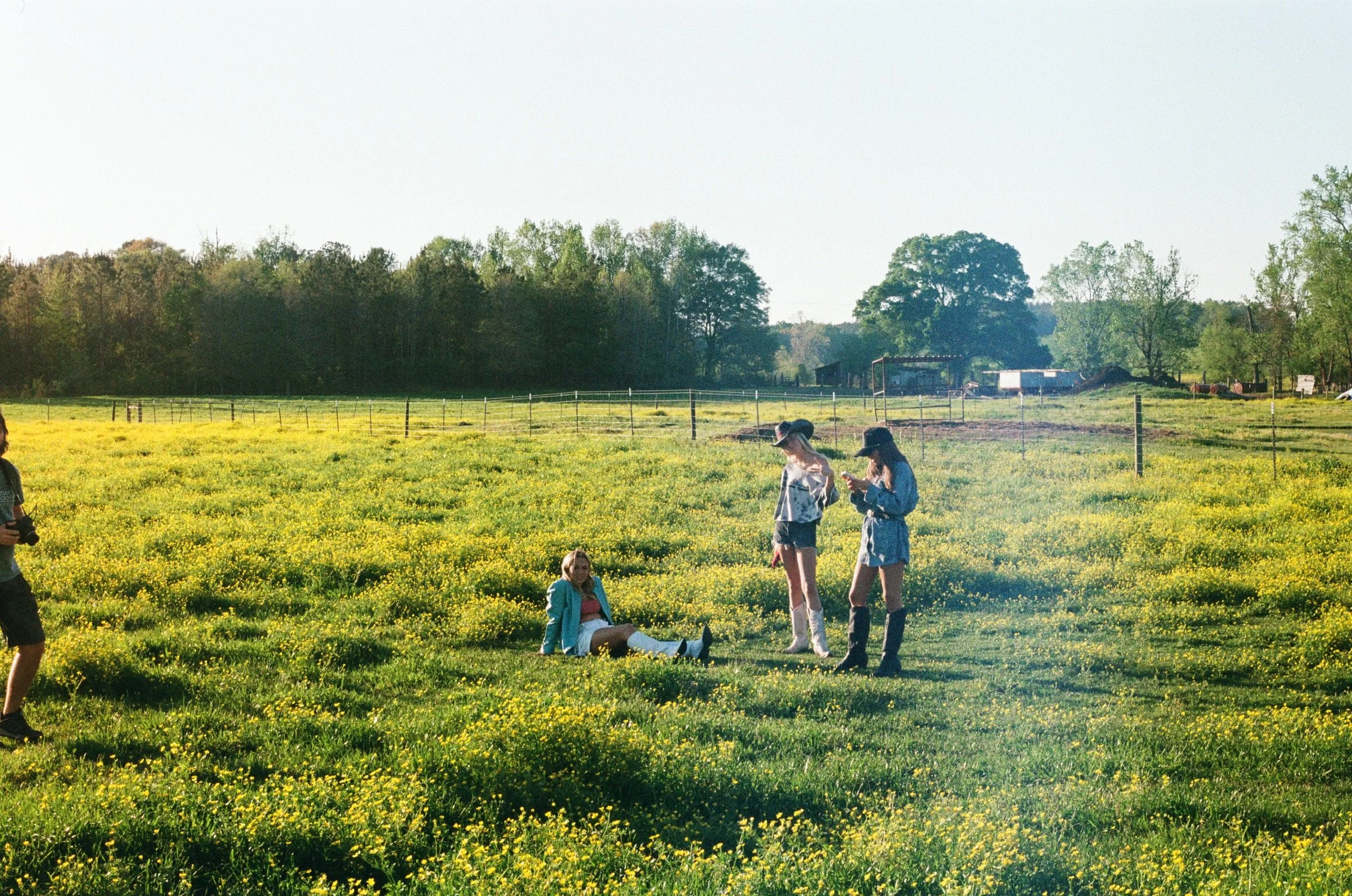 Group of people standing and sitting in a green field with yellow wildflowers, surrounded by trees, under a clear sky.